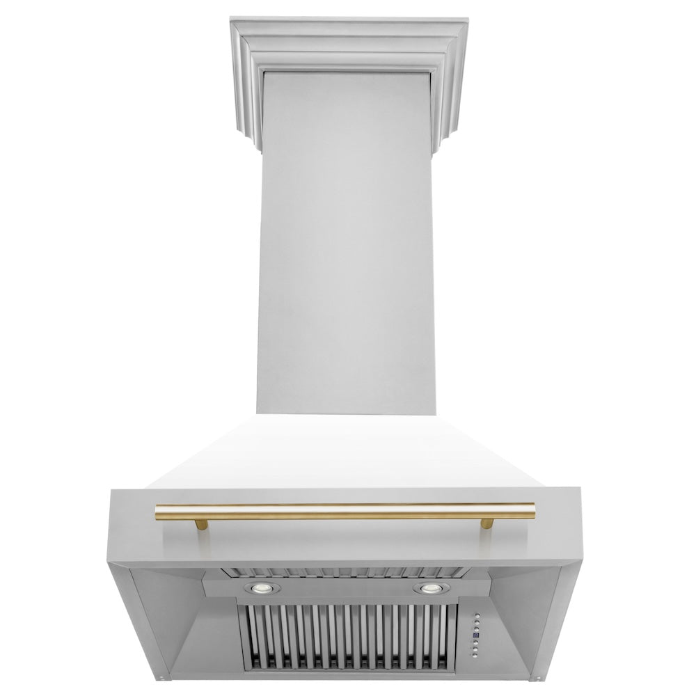 30"Autograph Edition Stainless Steel Range Hood with White Matte Shell and Polished Polished Gold Handle 8654STZWM30G