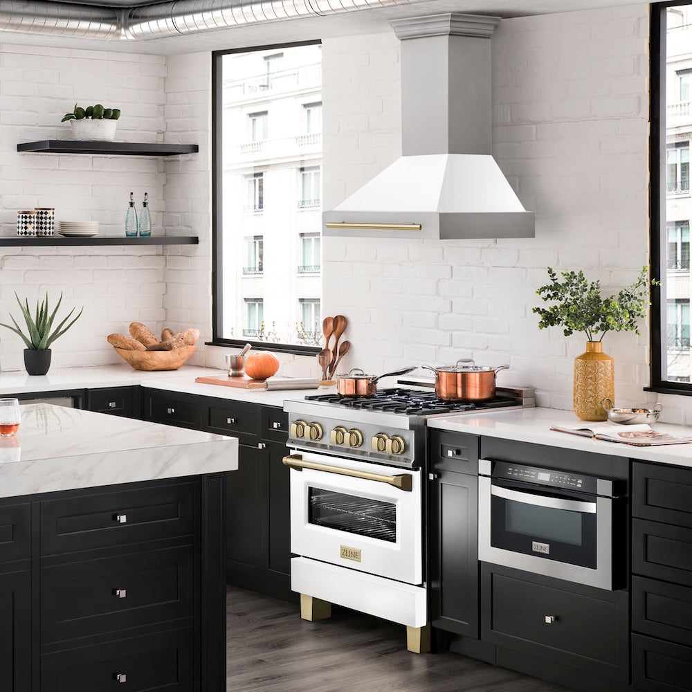 30"Autograph Edition Stainless Steel Range Hood with White Matte Shell and Polished Polished Gold Handle 8654STZWM30G