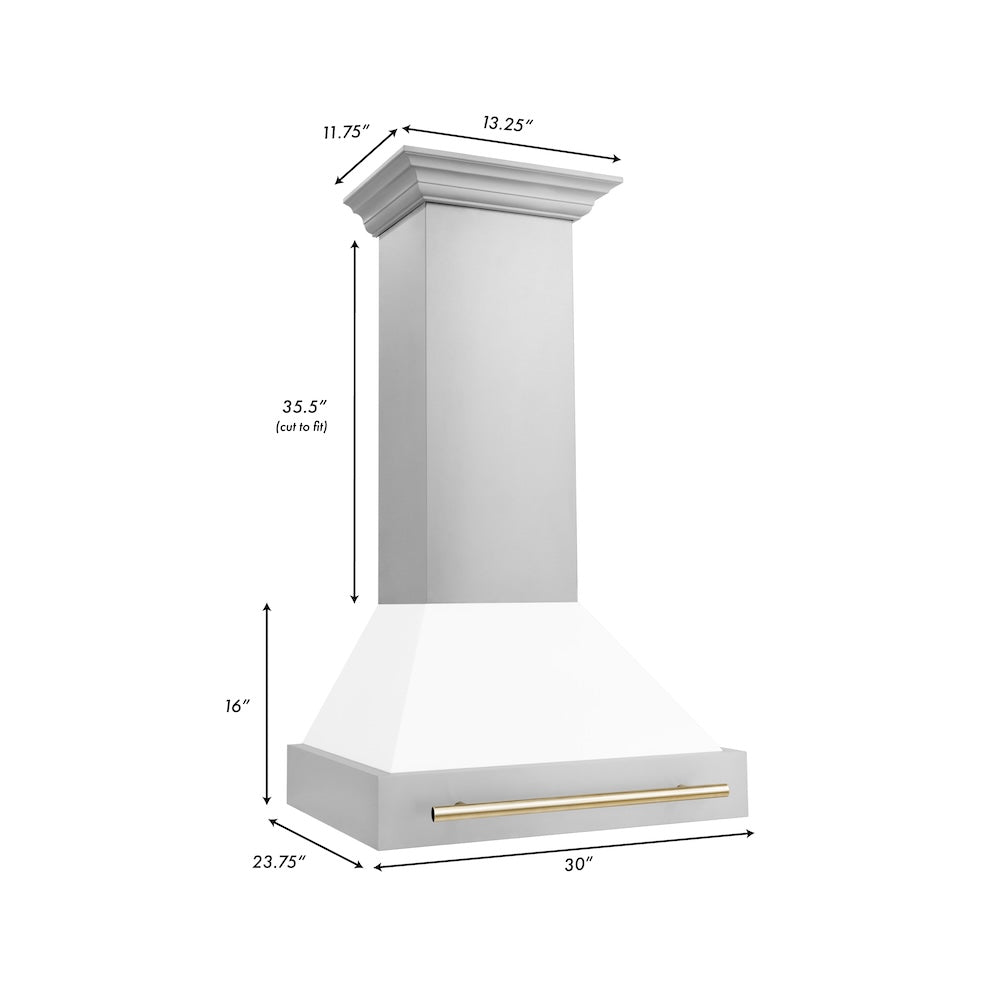 30"Autograph Edition Stainless Steel Range Hood with White Matte Shell and Polished Polished Gold Handle 8654STZWM30G
