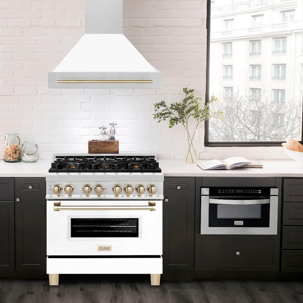 Autograph Edition 36 In. Stainless Steel Range Hood With White Matte Shell And Polished Gold Handle 8654STZWM36G
