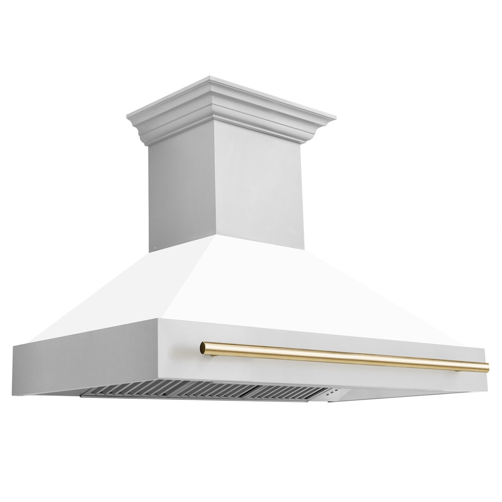 Autograph Edition 48 In. Stainless Steel Range Hood With White Matte Shell And Polished Gold Handle 8654STZWM48G