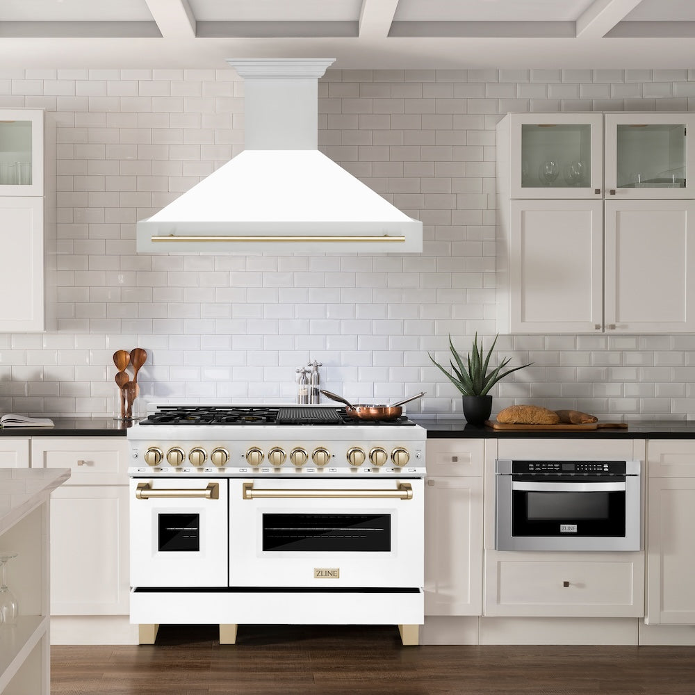 Autograph Edition 48 In. Stainless Steel Range Hood With White Matte Shell And Polished Gold Handle 8654STZWM48G