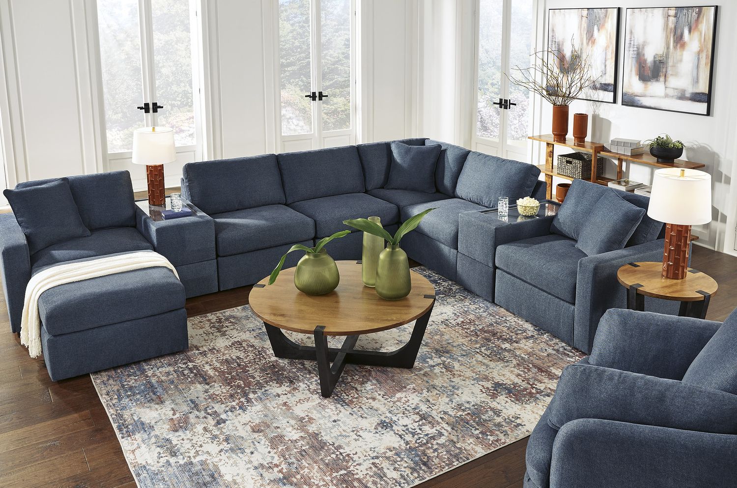 Modmax 6-Piece Sectional and 2 Ottomans with Console In Ink 92121U5