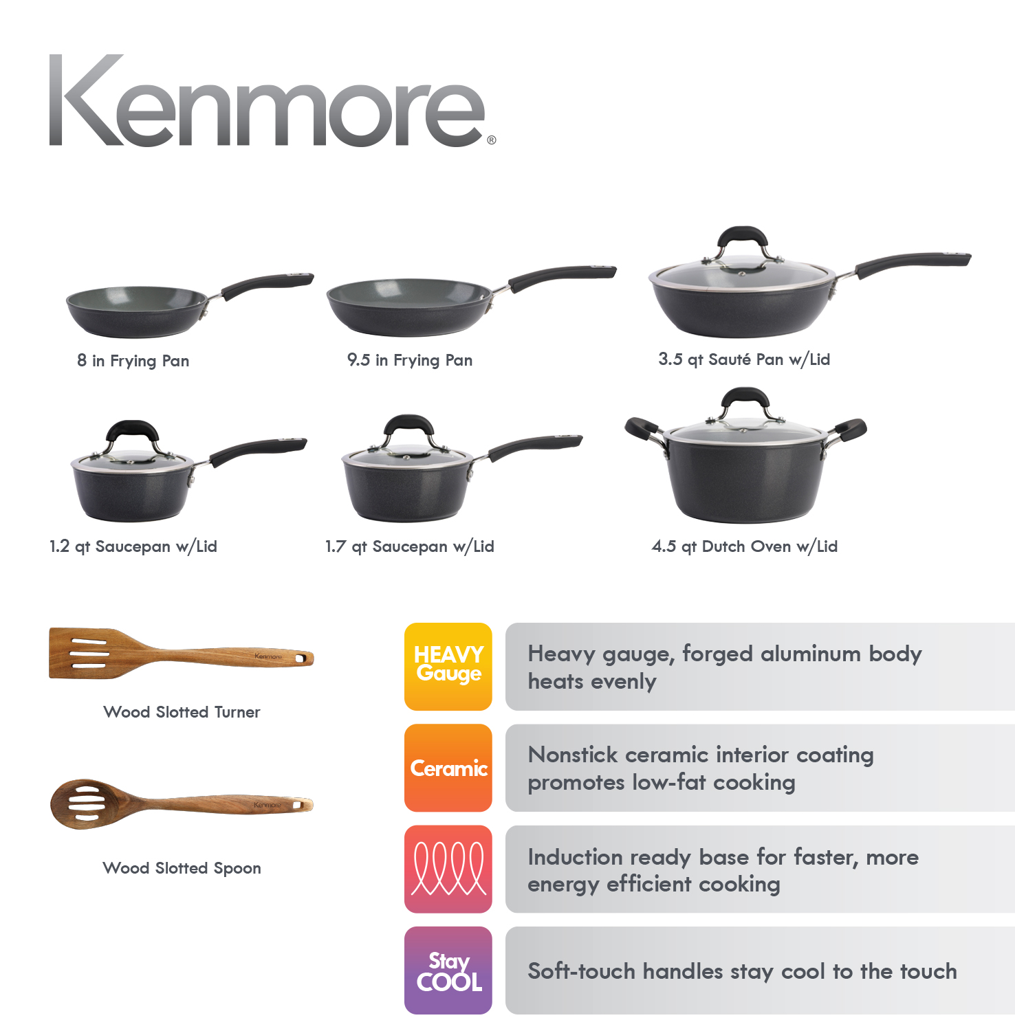 Arlington Healthy Nonstick Ceramic Coated Forged Aluminum Induction Cookware, 12-Piece, Black Exterior/Grey Interior 9626212