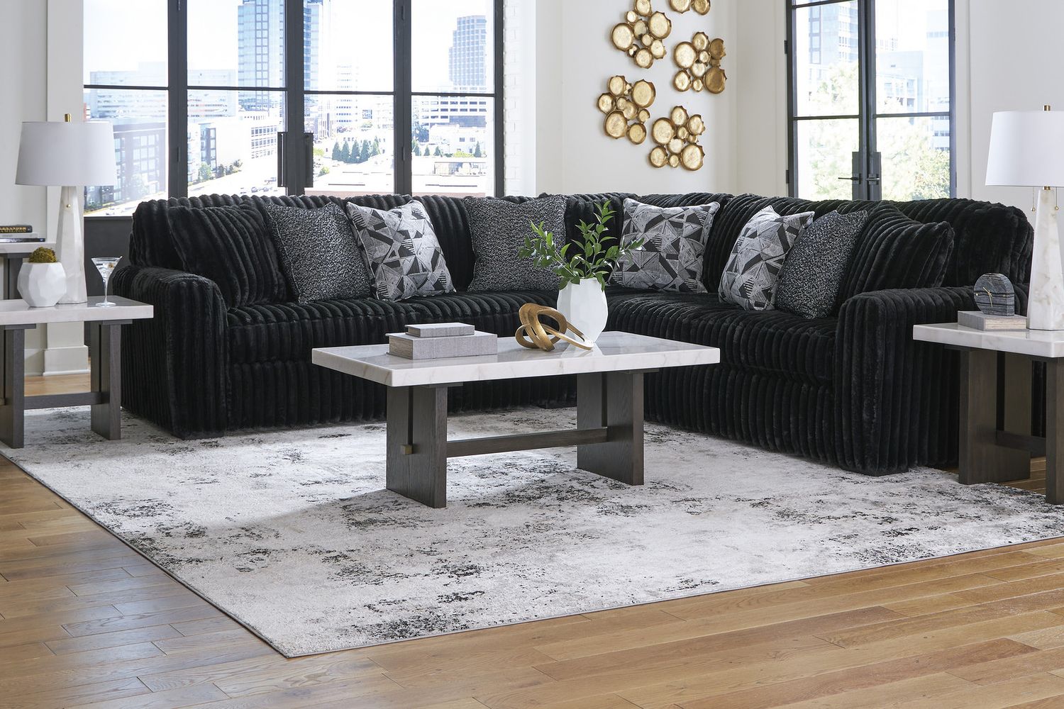 Midnight-Madness 3-Piece Sectional and Oversized Ottoman In Onyx 98103U7
