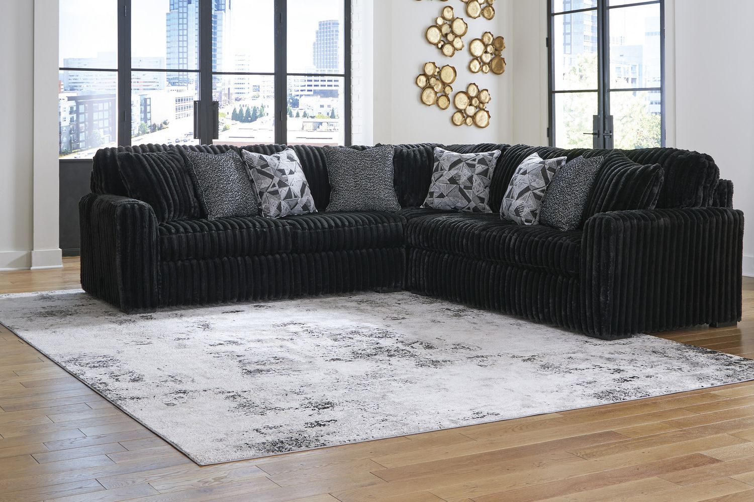 Midnight-Madness 3-Piece Sectional and Oversized Ottoman In Onyx 98103U7