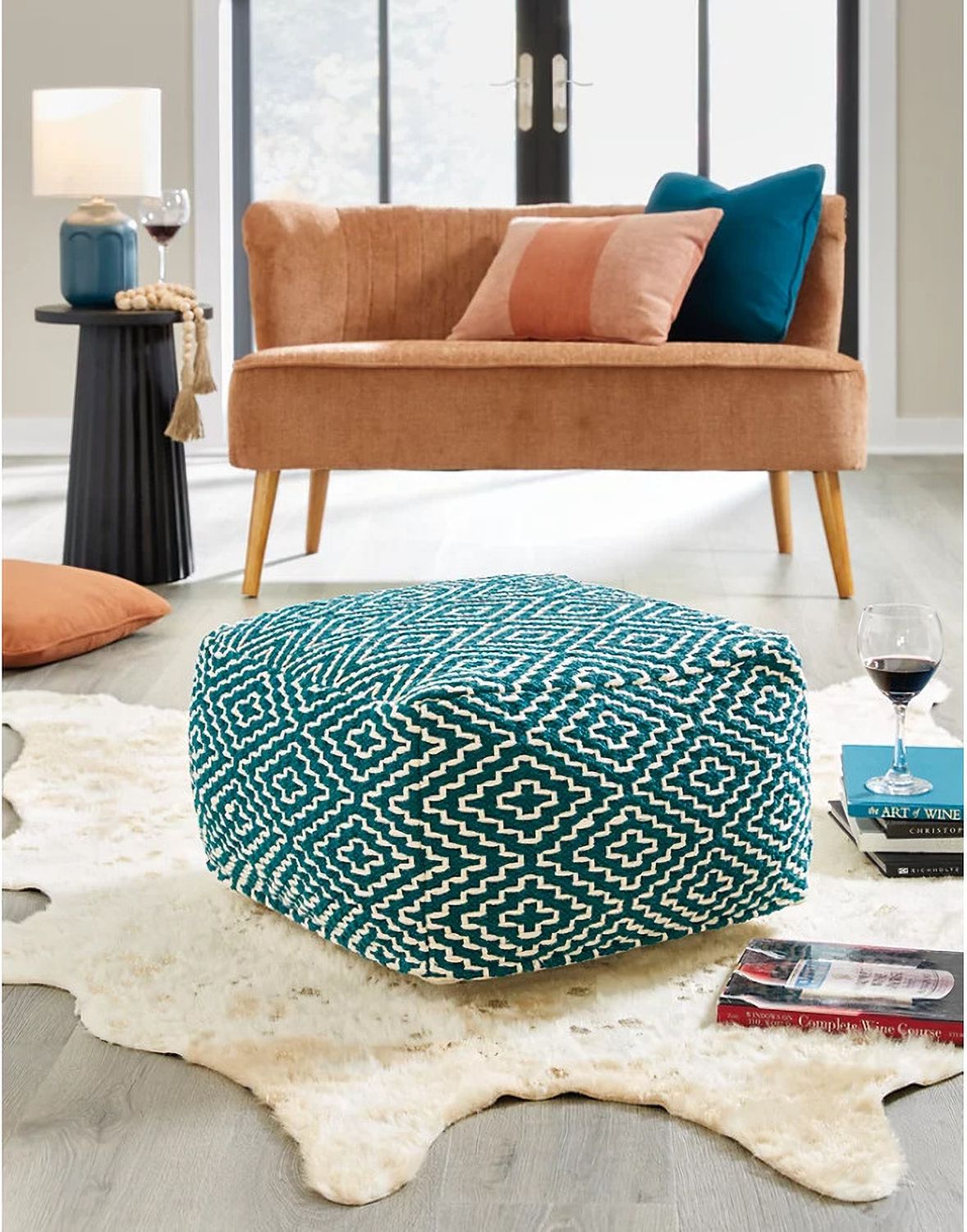Brynnsen Pouf In Ivory and Teal A1001055