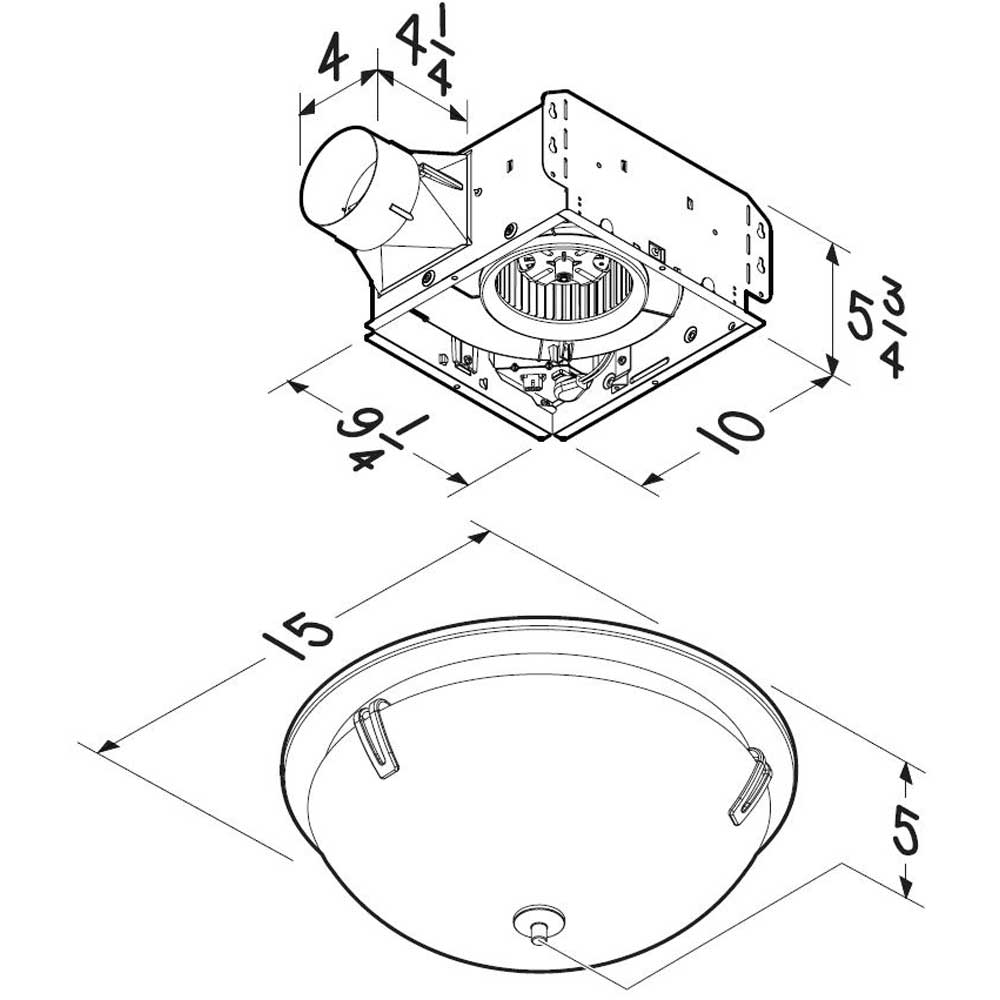 Roomside Decorative 100 CFM Ceiling Roomside Install Bathroom Exhaust Fan w/ Light and Globe AERN100SN, product image 5 of 5