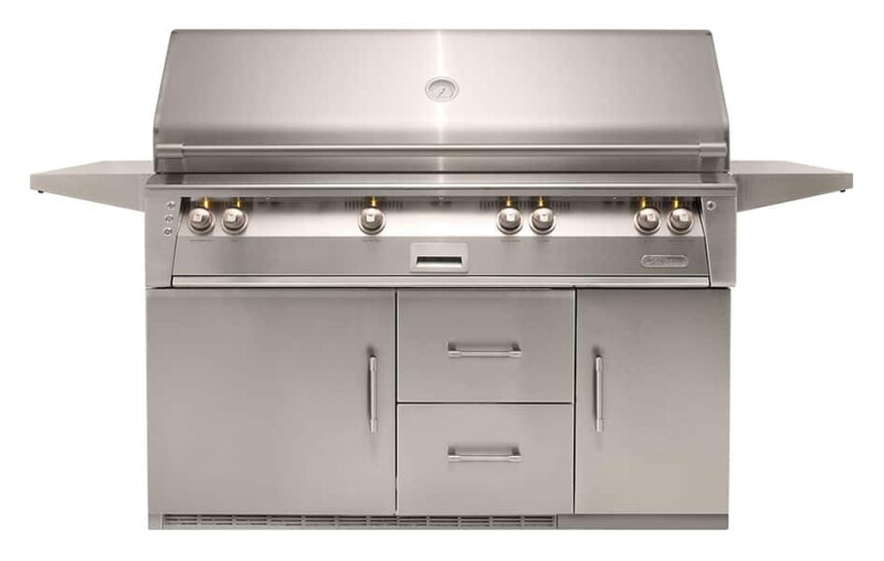 56" Refrigerated Cart Grill, Burner, Rotis, Smoker, SearZone, 1 Door and 2 Drawers are Refrigerated, and a Single Storage Door ALXE56BFGR