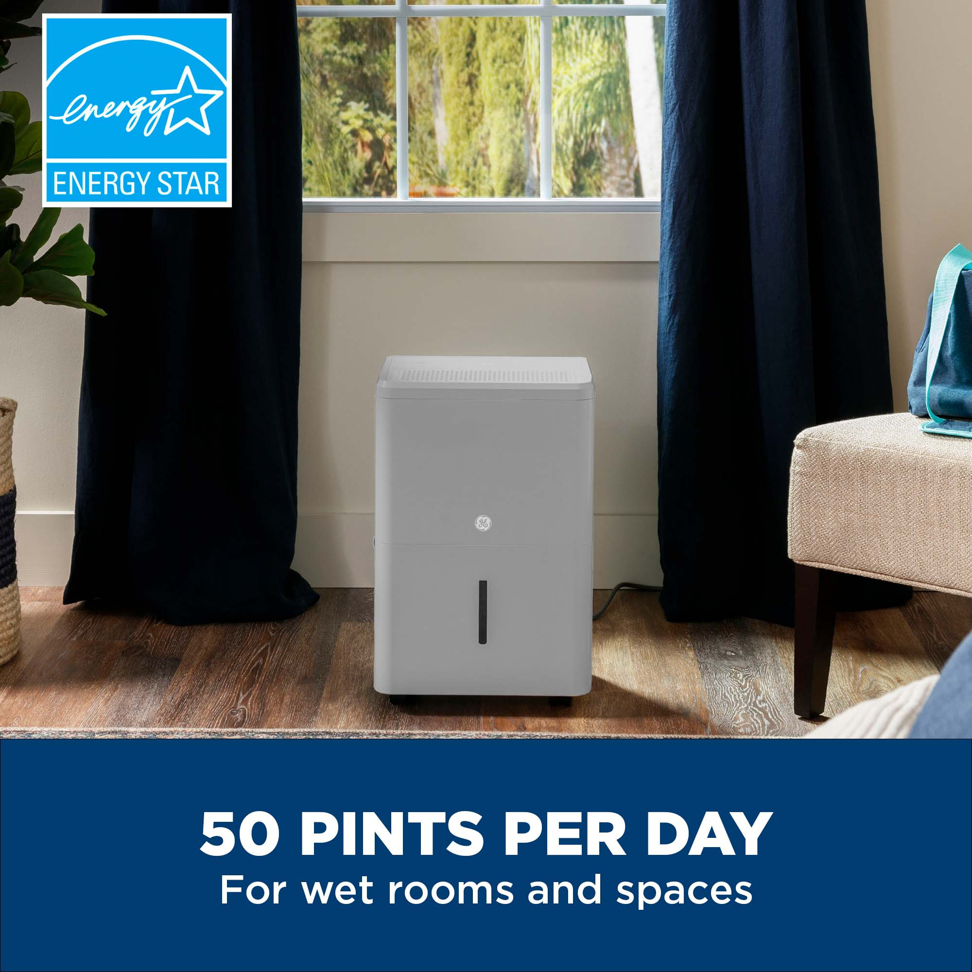 GE® 50 Pint ENERGY STAR® Smart Portable Dehumidifier with Smart Dry for Wet Spaces AWHL50LD