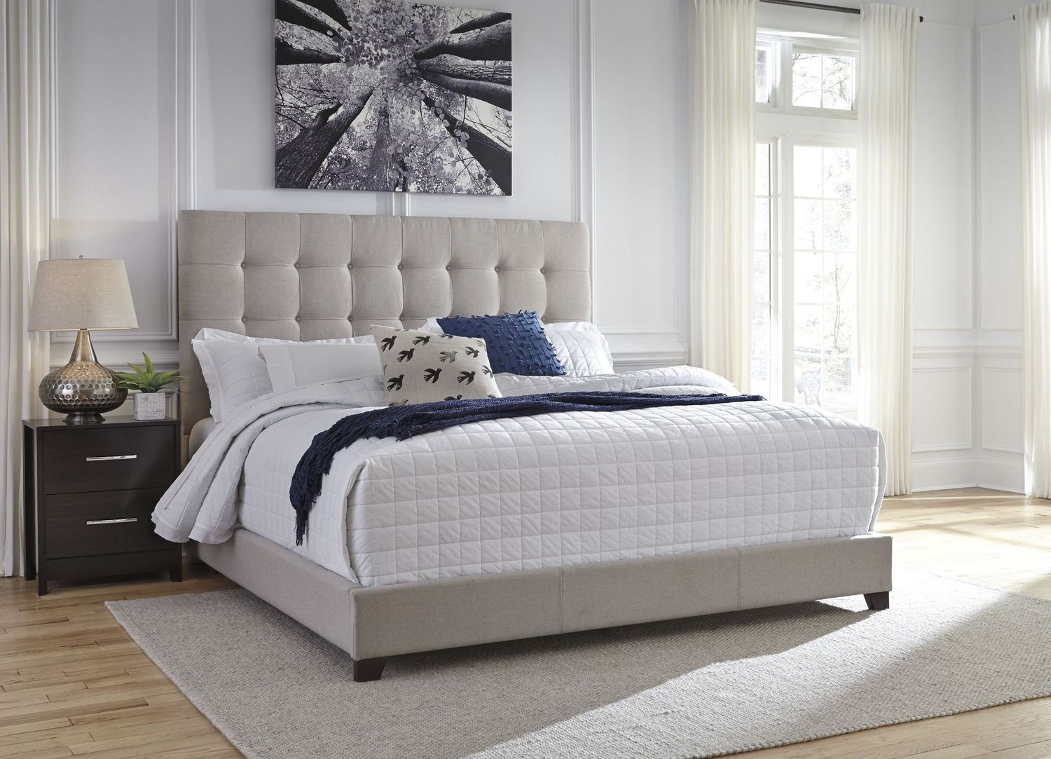 Contemporary Beige Queen Upholstered Panel Bed With Chime 8" Innerspring Firm Bed In A Box Mattress B130581M91X32M69531