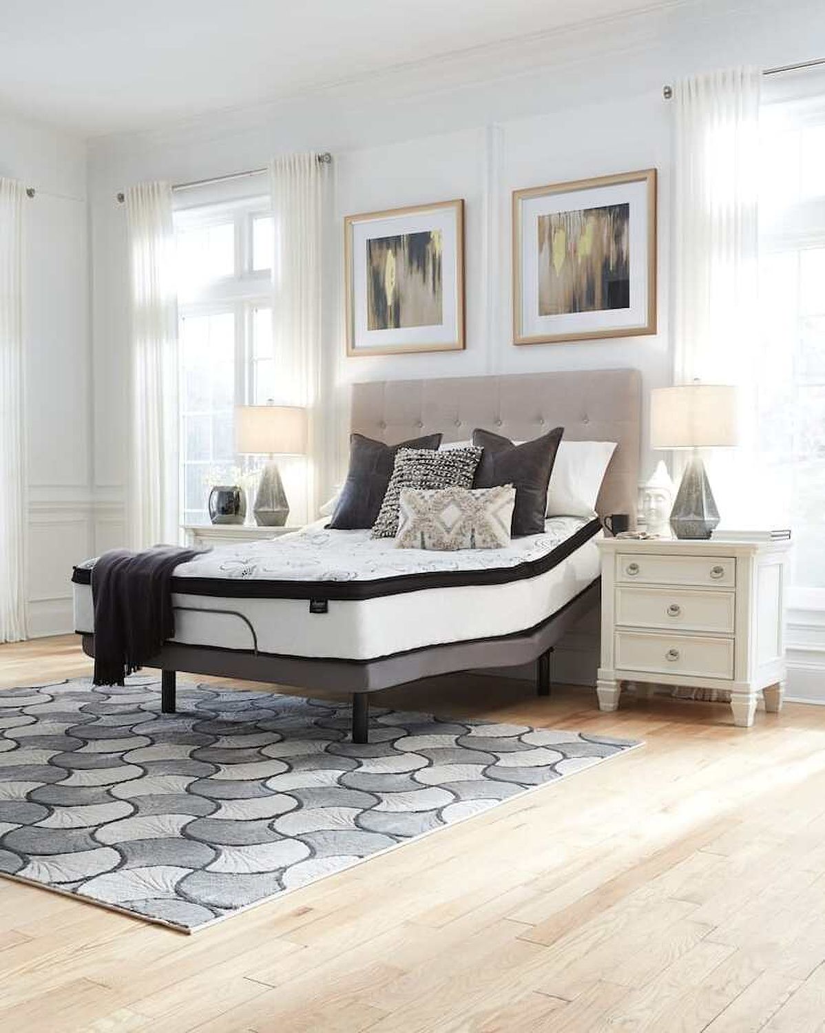 Contemporary Beige Queen Upholstered Panel Bed With Chime 8" Innerspring Firm Bed In A Box Mattress B130581M91X32M69531