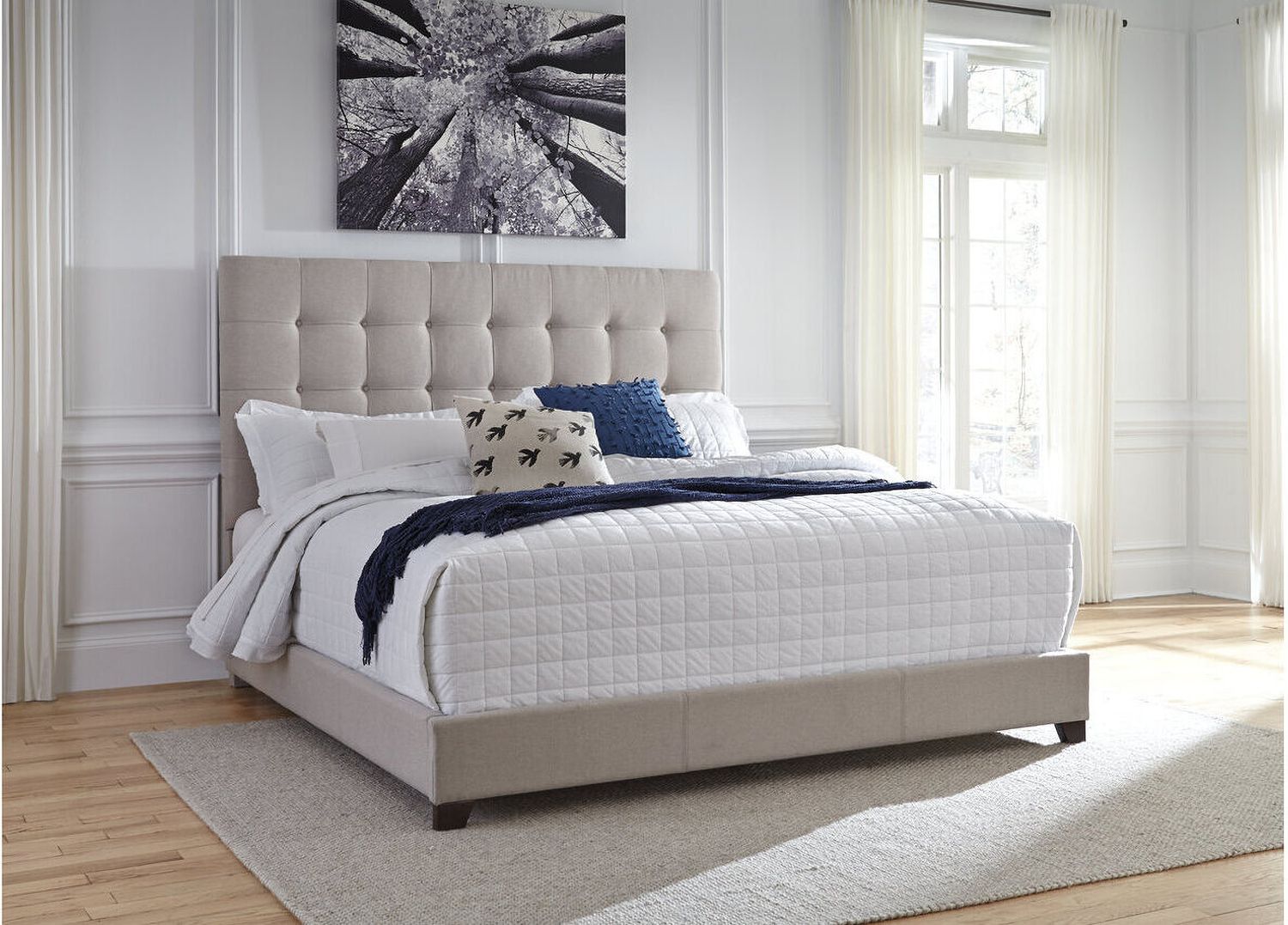 Contemporary Beige Queen Upholstered Panel Bed With Chime 8" Innerspring Firm Bed In A Box Mattress B130581M91X32M69531