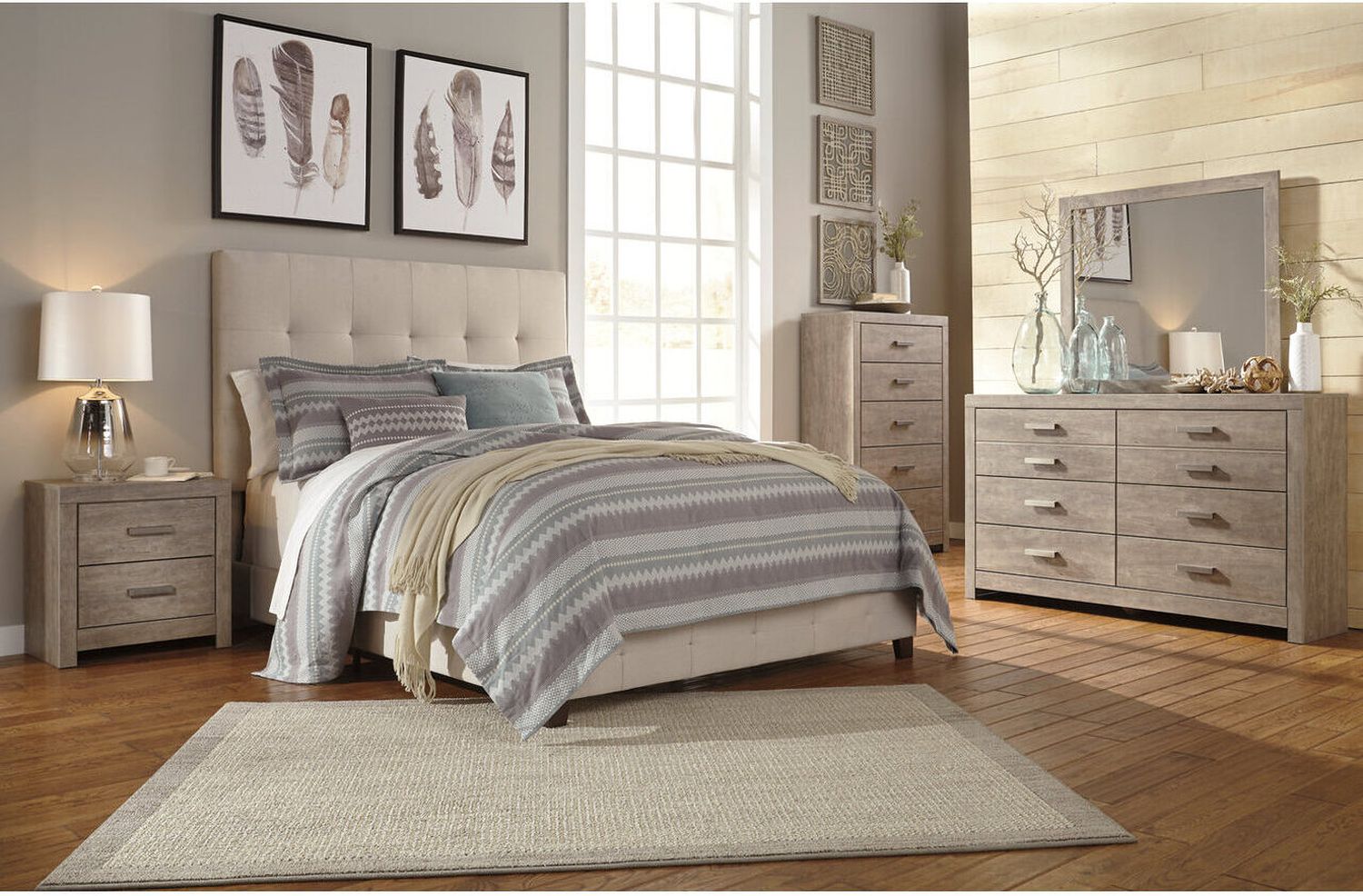 Contemporary Beige Queen Upholstered Panel Bed With Chime 8" Innerspring Firm Bed In A Box Mattress B130581M91X32M69531