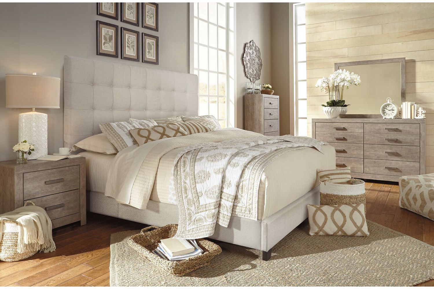 Contemporary Beige Queen Upholstered Panel Bed With Chime 8" Innerspring Firm Bed In A Box Mattress B130581M91X32M69531