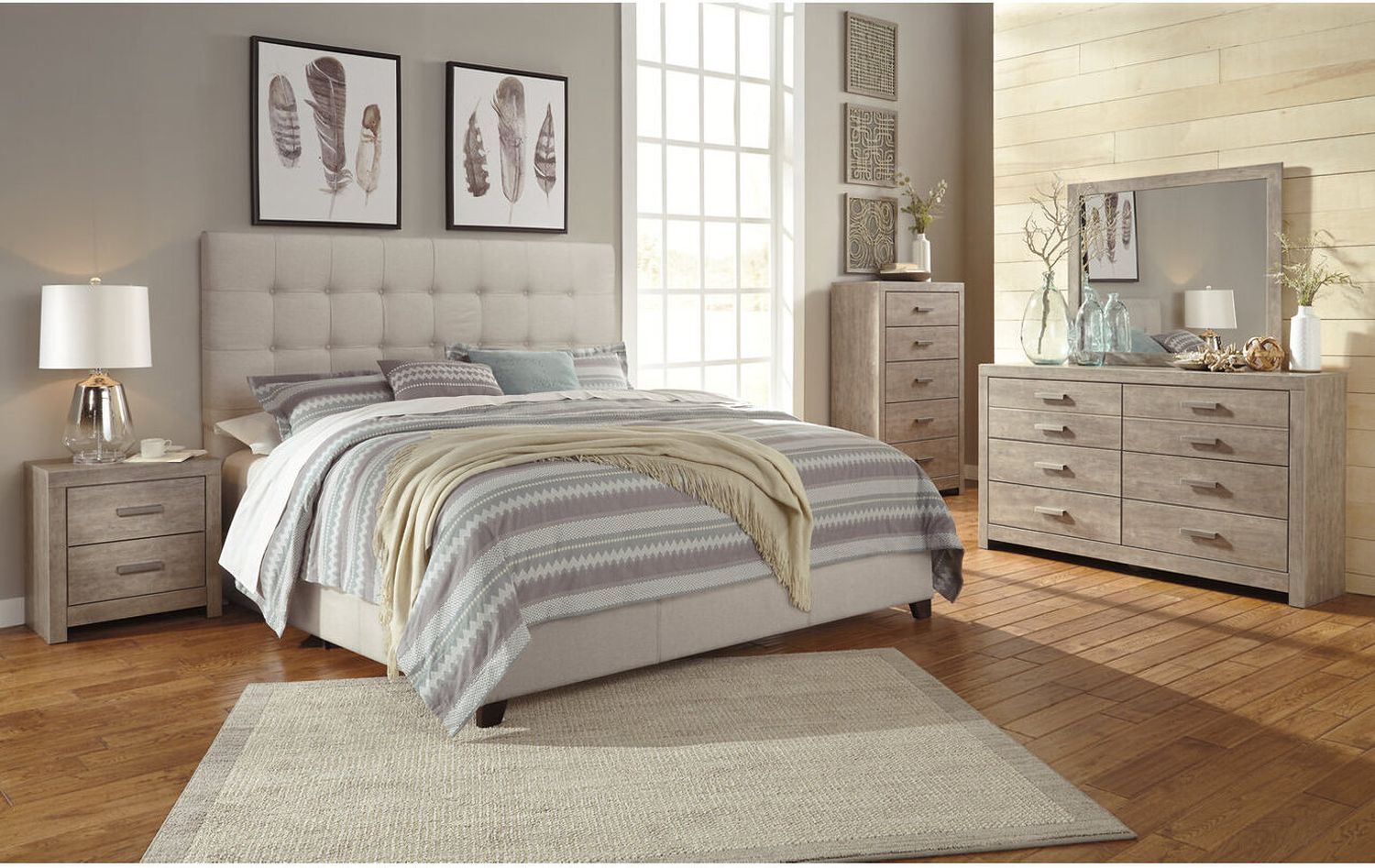 Contemporary Beige Queen Upholstered Panel Bed With Chime 8" Innerspring Firm Bed In A Box Mattress B130581M91X32M69531