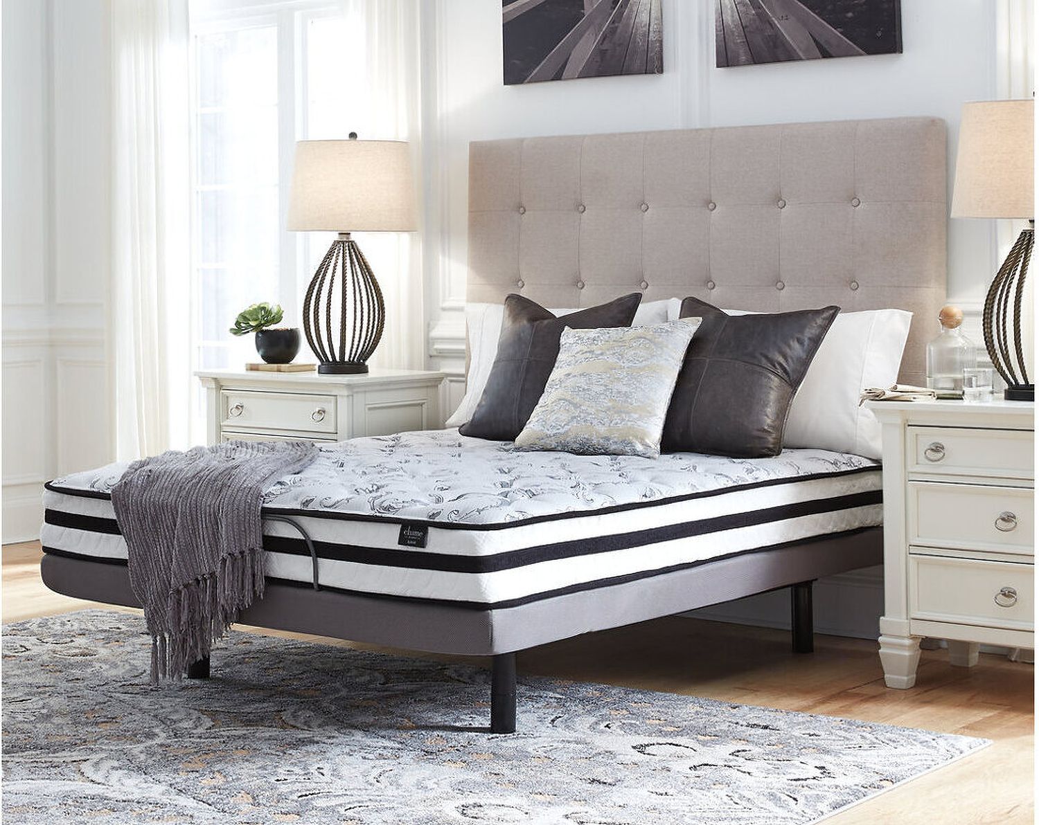 Contemporary Beige Queen Upholstered Panel Bed With Chime 8" Innerspring Firm Bed In A Box Mattress B130581M91X32M69531