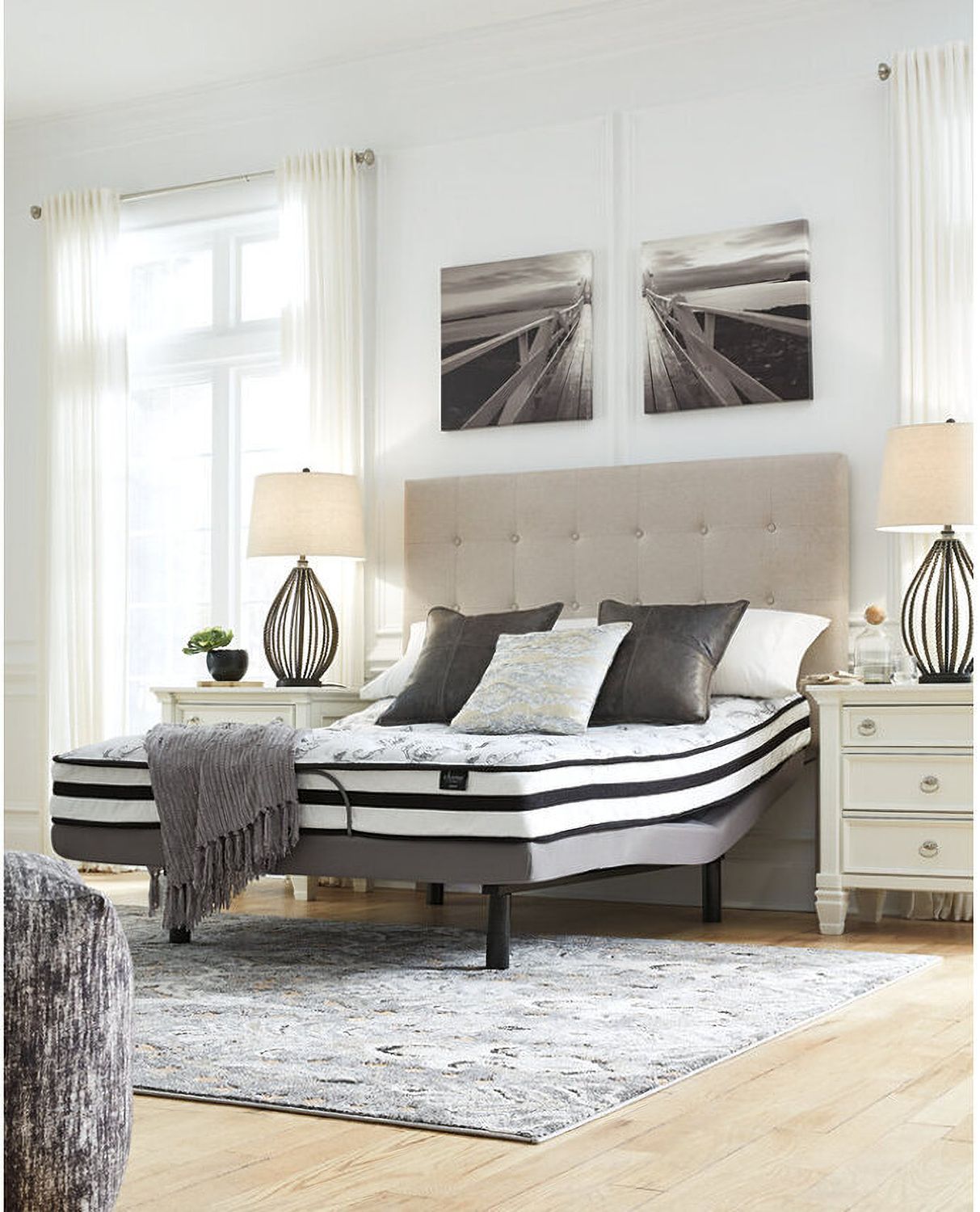 Contemporary Beige Queen Upholstered Panel Bed With Chime 8" Innerspring Firm Bed In A Box Mattress B130581M91X32M69531