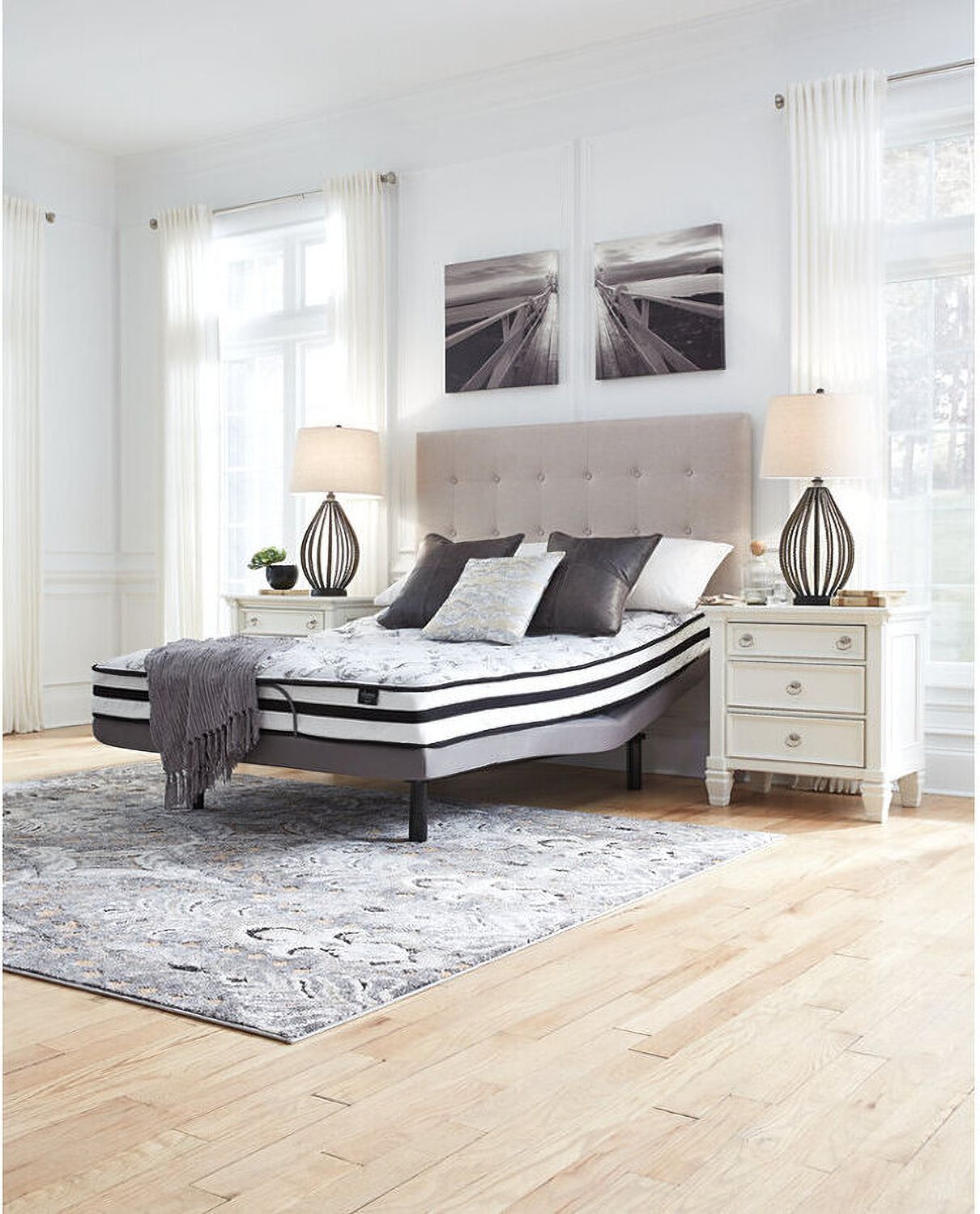 Contemporary Beige Queen Upholstered Panel Bed With Chime 8" Innerspring Firm Bed In A Box Mattress B130581M91X32M69531
