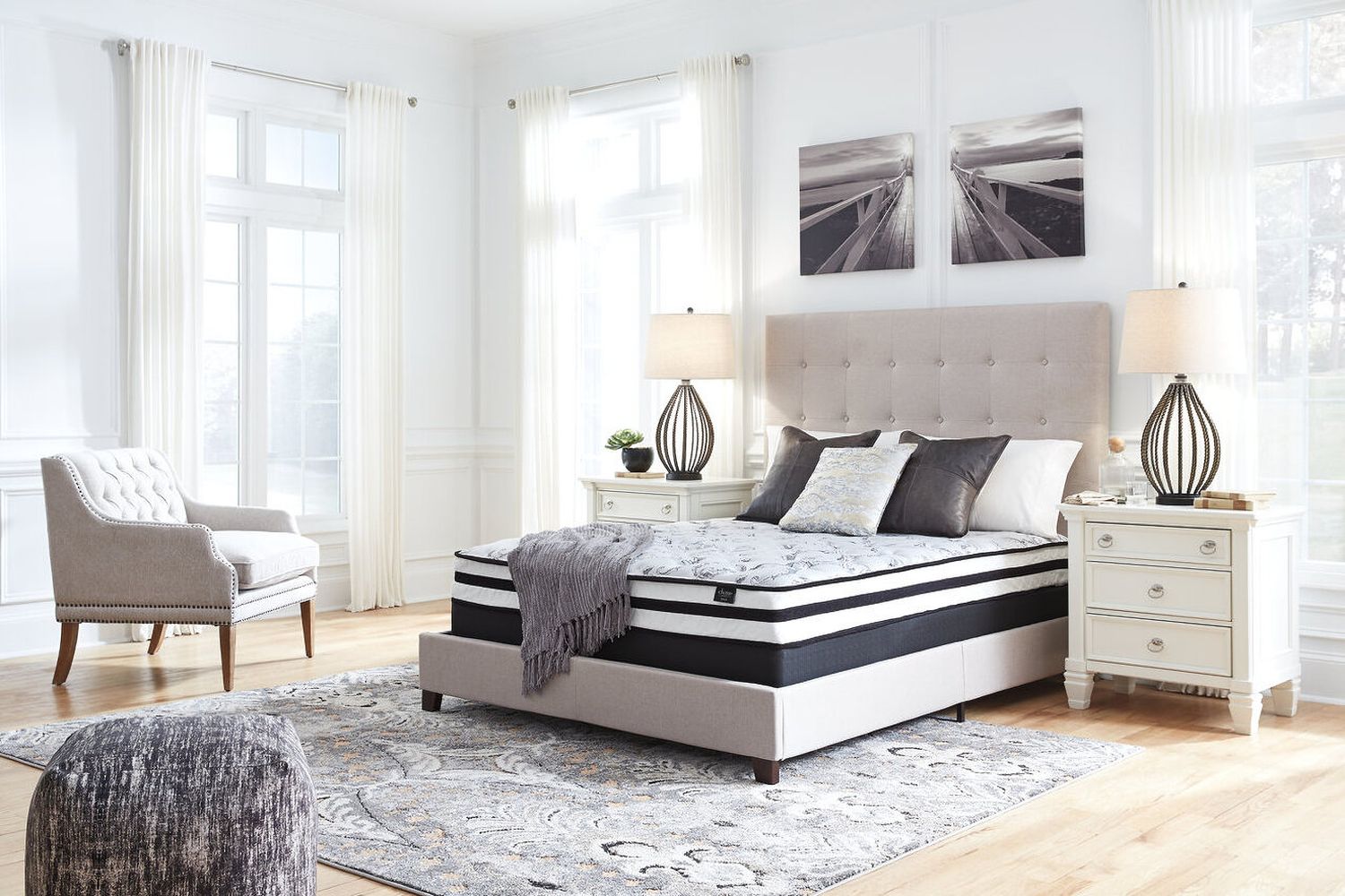 Contemporary Beige Queen Upholstered Panel Bed With Chime 8" Innerspring Firm Bed In A Box Mattress B130581M91X32M69531