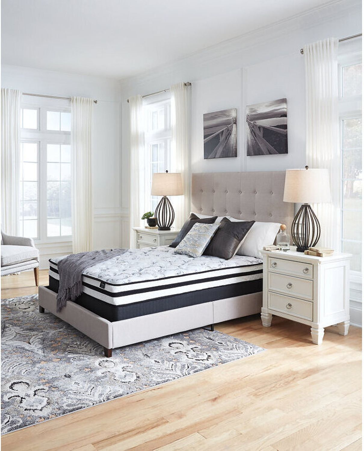 Contemporary Beige Queen Upholstered Panel Bed With Chime 8" Innerspring Firm Bed In A Box Mattress B130581M91X32M69531