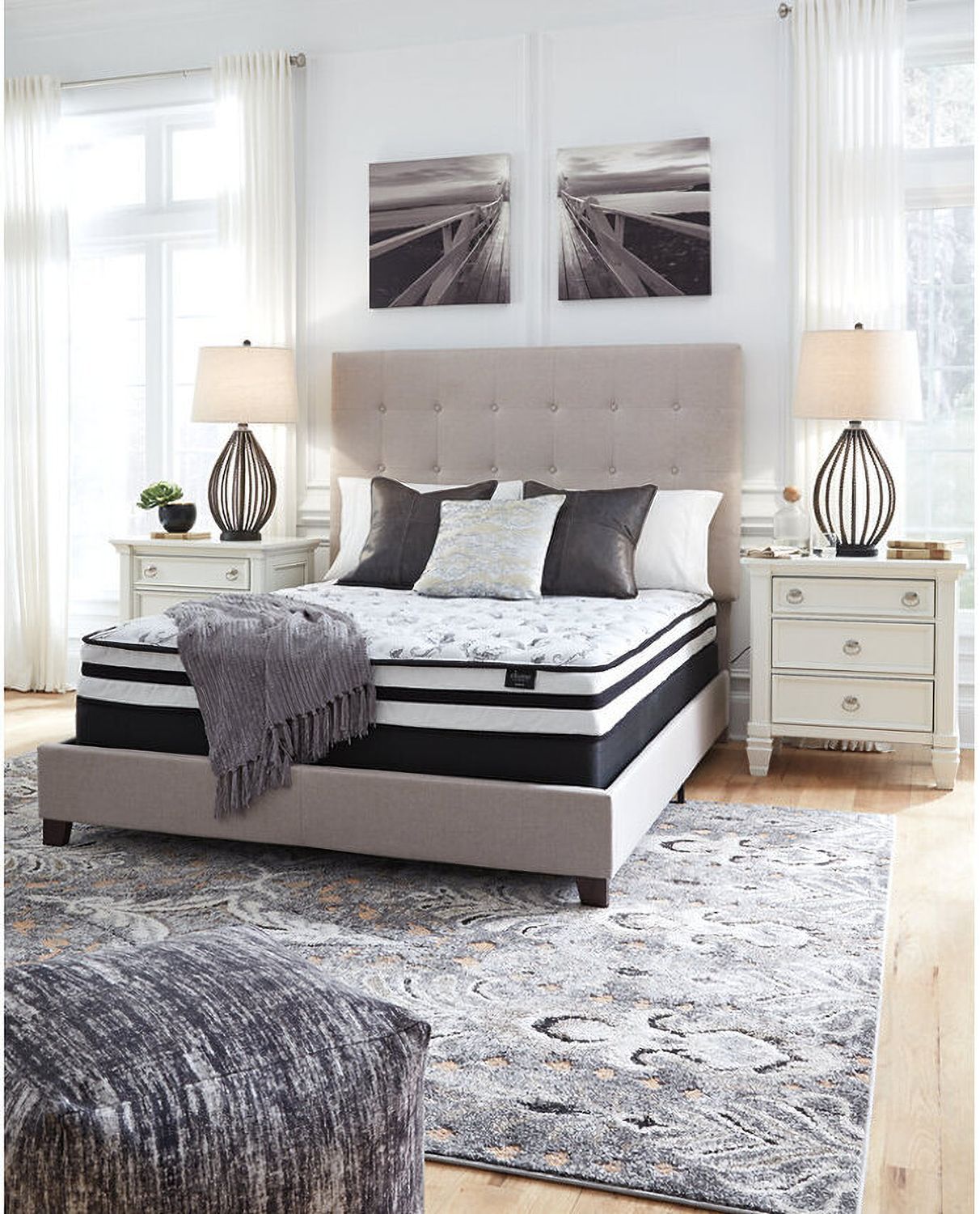 Contemporary Beige Queen Upholstered Panel Bed With Chime 8" Innerspring Firm Bed In A Box Mattress B130581M91X32M69531