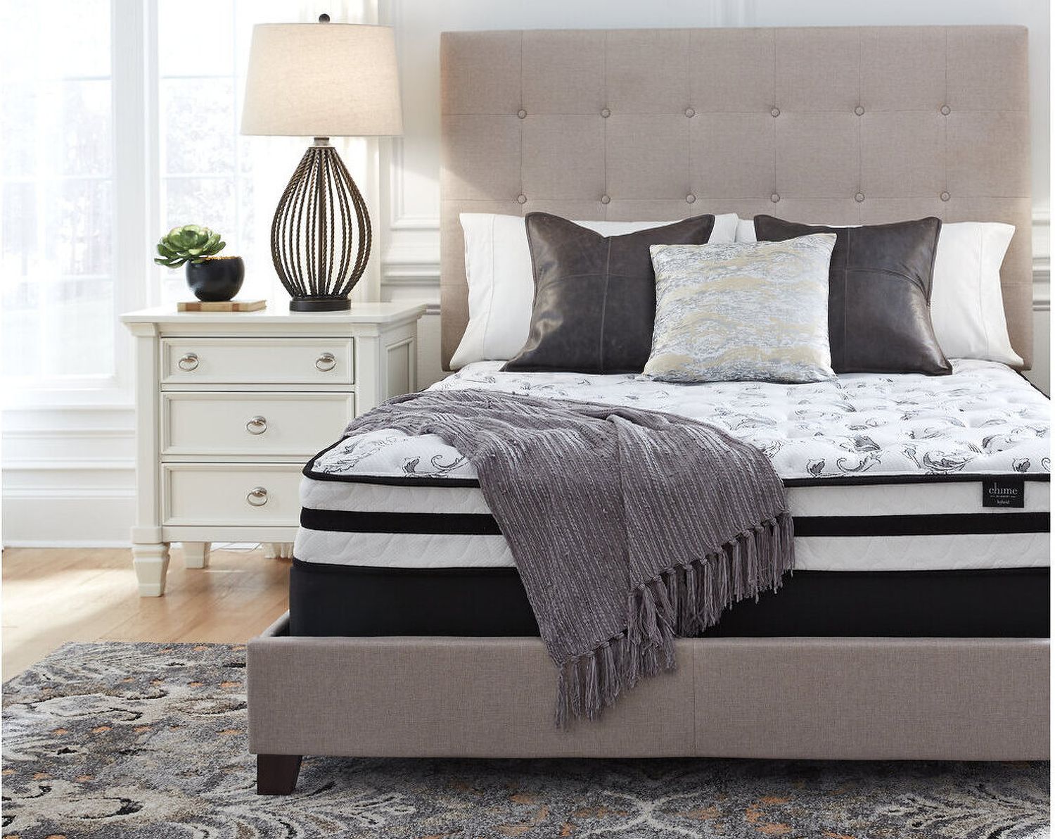 Contemporary Beige Queen Upholstered Panel Bed With Chime 8" Innerspring Firm Bed In A Box Mattress B130581M91X32M69531