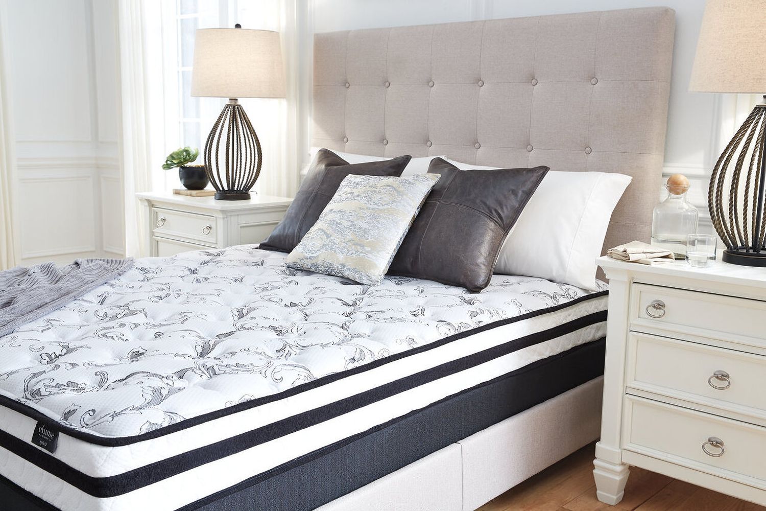 Contemporary Beige Queen Upholstered Panel Bed With Chime 8" Innerspring Firm Bed In A Box Mattress B130581M91X32M69531