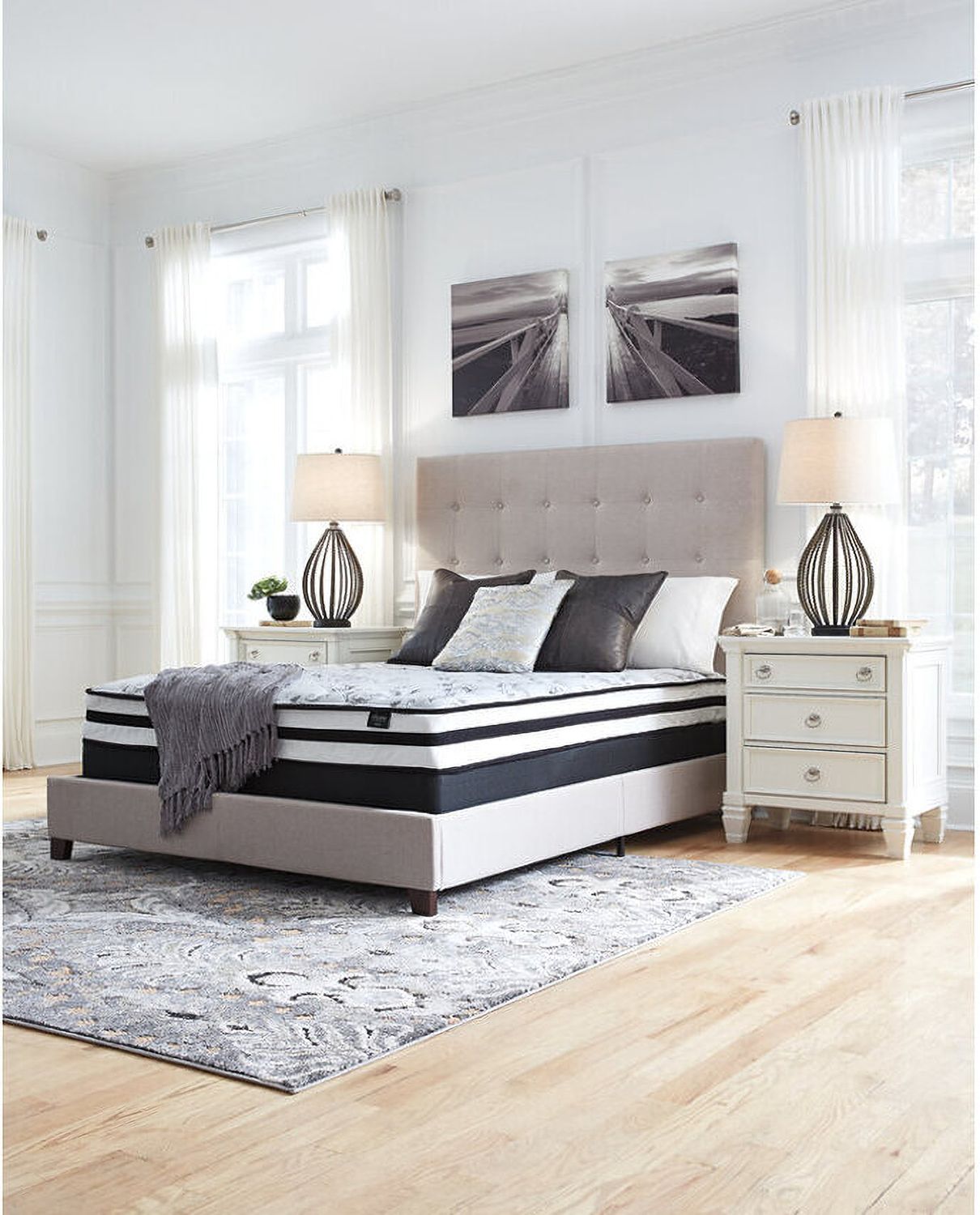Contemporary Beige Queen Upholstered Panel Bed With Chime 8" Innerspring Firm Bed In A Box Mattress B130581M91X32M69531