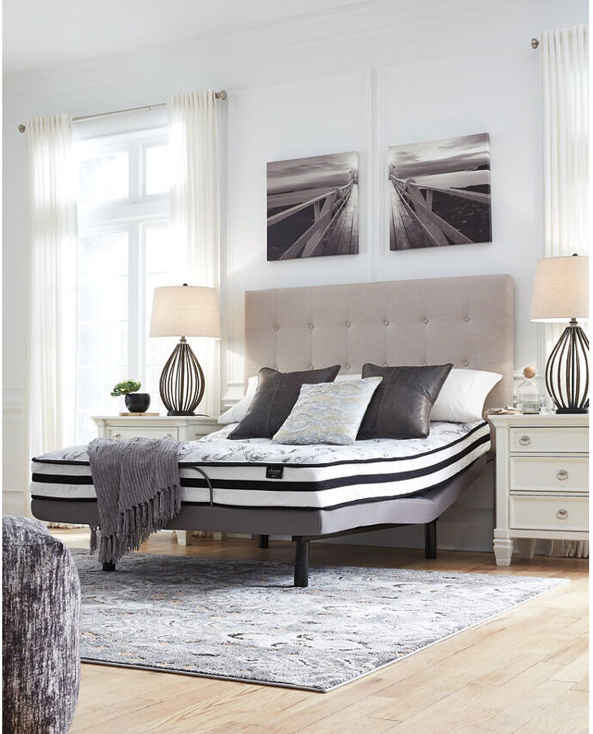 Contemporary Beige Queen Upholstered Panel Bed With Chime 8" Innerspring Firm Bed In A Box Mattress B130581M91X32M69531