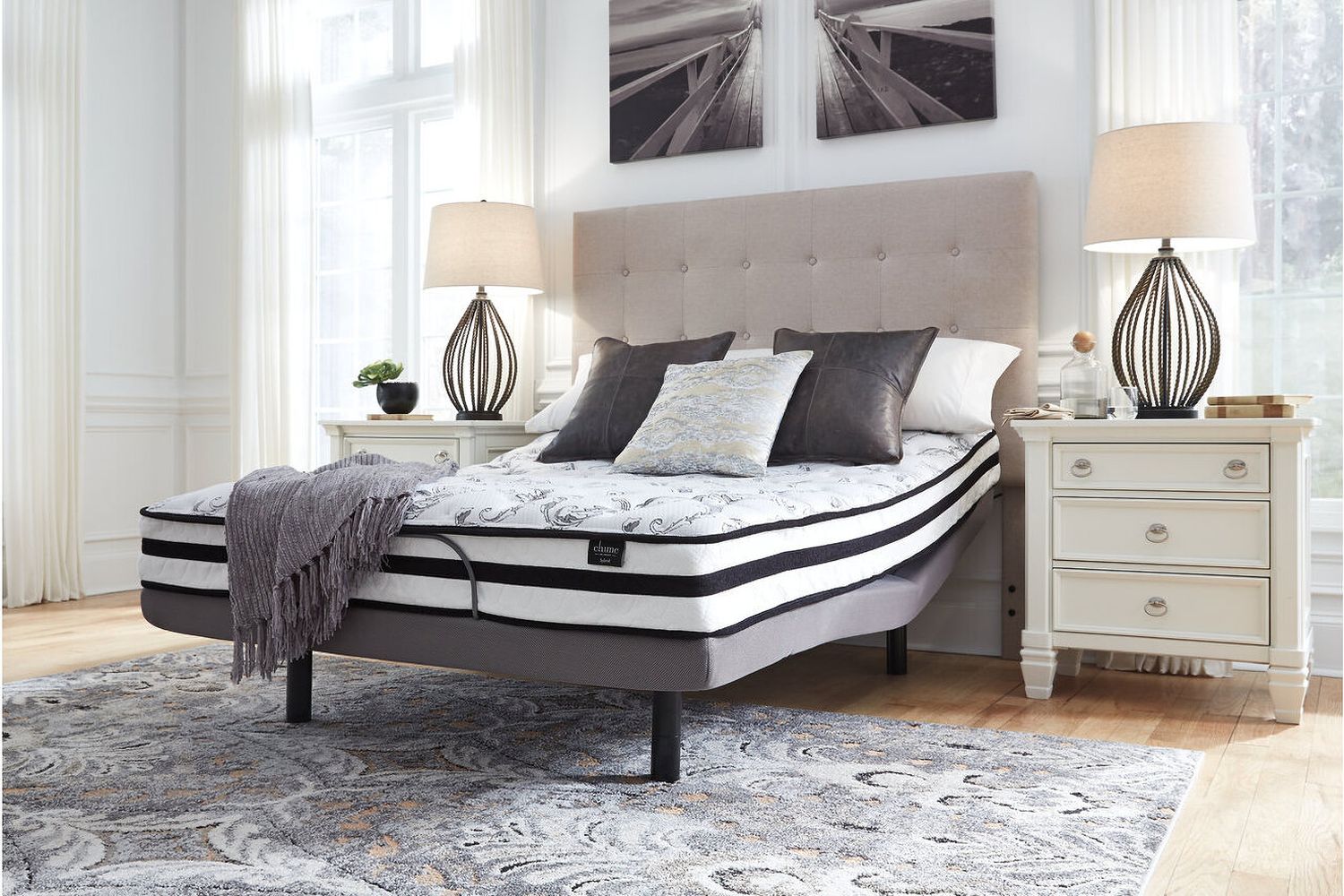Contemporary Beige Queen Upholstered Panel Bed With Chime 8" Innerspring Firm Bed In A Box Mattress B130581M91X32M69531
