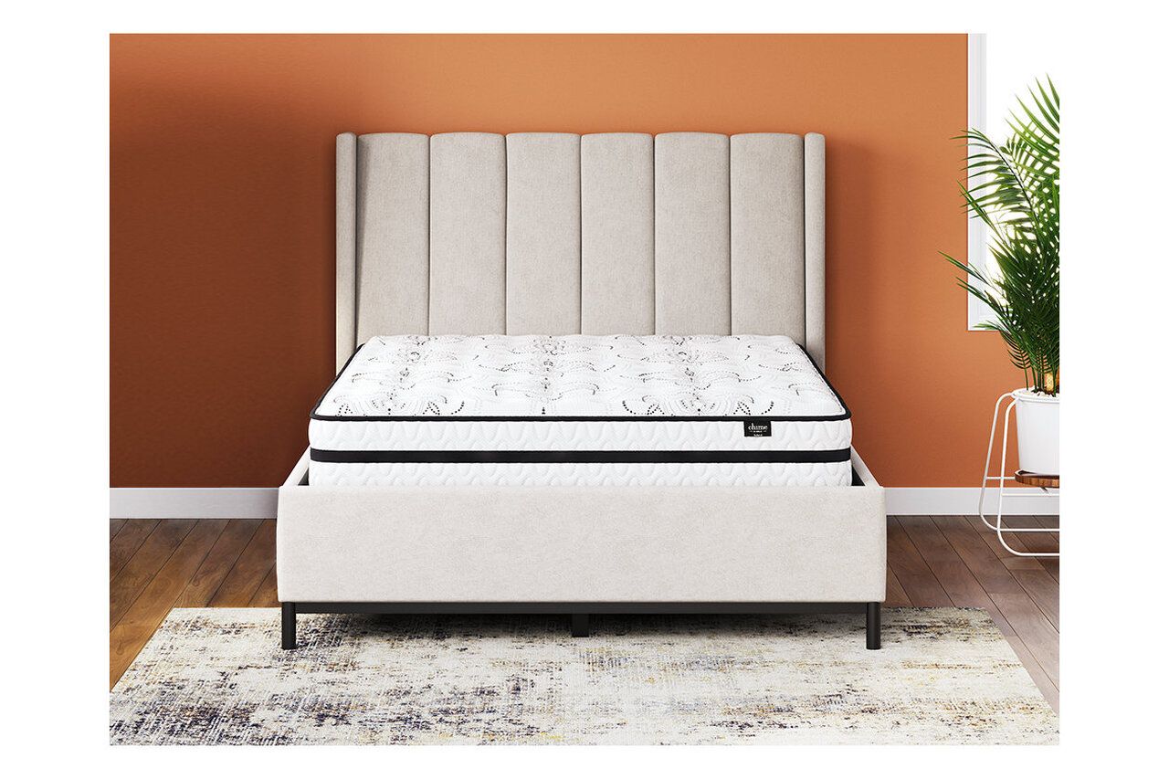 Contemporary Beige Queen Upholstered Panel Bed With Chime 10" Hybrid Plush Bed In A Box Mattress B130581M91X32M69631