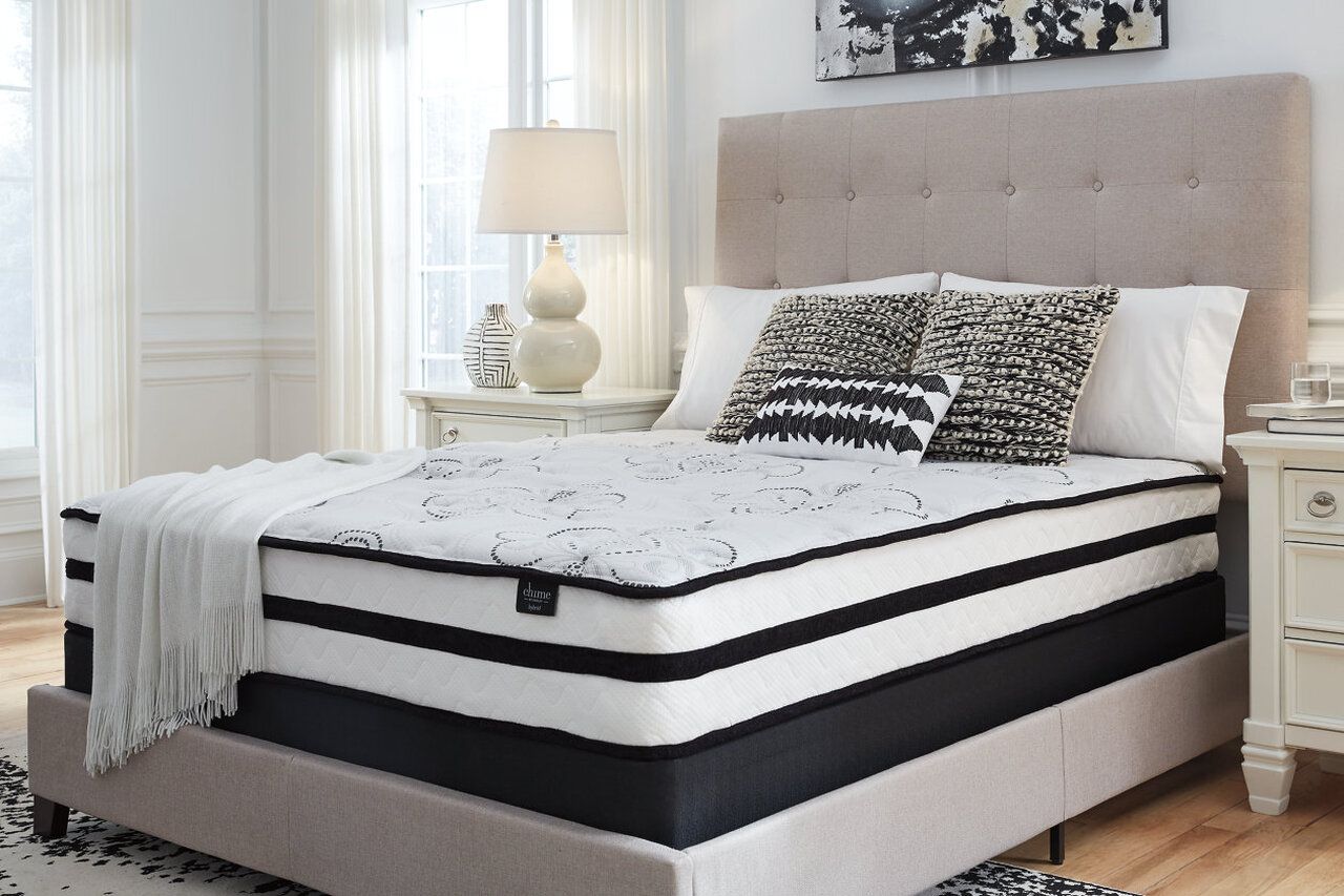 Contemporary Beige Queen Upholstered Panel Bed With Chime 10" Hybrid Plush Bed In A Box Mattress B130581M91X32M69631