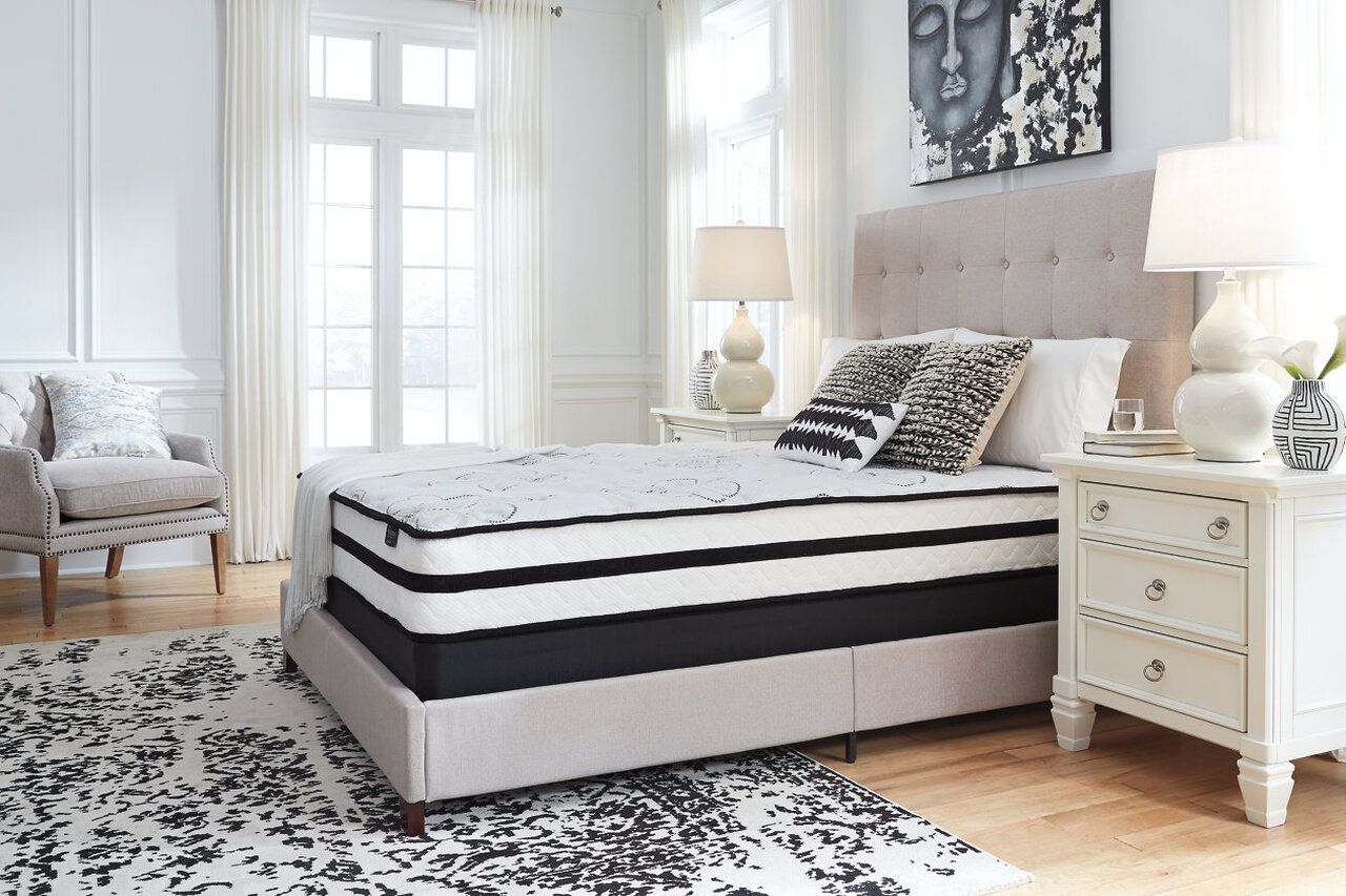 Contemporary Beige Queen Upholstered Panel Bed With Chime 10" Hybrid Plush Bed In A Box Mattress B130581M91X32M69631
