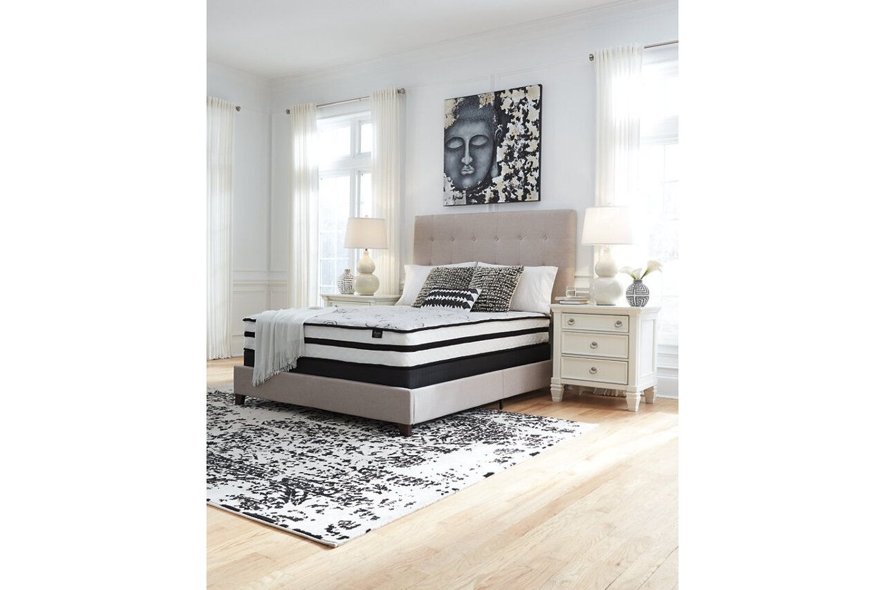 Contemporary Beige Queen Upholstered Panel Bed With Chime 10" Hybrid Plush Bed In A Box Mattress B130581M91X32M69631