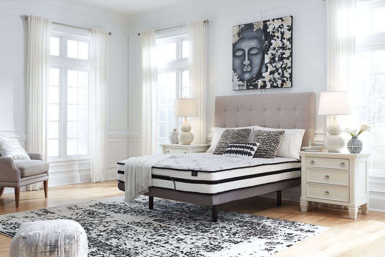 Contemporary Beige Queen Upholstered Panel Bed With Chime 10" Hybrid Plush Bed In A Box Mattress B130581M91X32M69631
