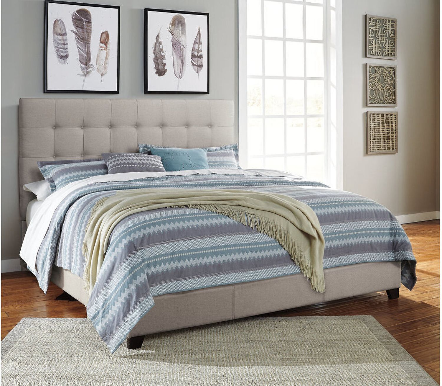 Contemporary Beige Queen Upholstered Panel Bed With Chime 12" Hybrid Ultra Plush Bed In A Box Mattress B130581M91X32M69731