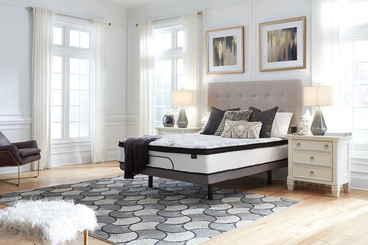 Contemporary Beige Queen Upholstered Panel Bed With Chime 12" Hybrid Ultra Plush Bed In A Box Mattress B130581M91X32M69731