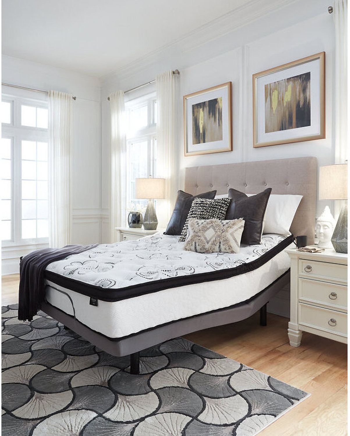 Contemporary Beige Queen Upholstered Panel Bed With Chime 12" Hybrid Ultra Plush Bed In A Box Mattress B130581M91X32M69731