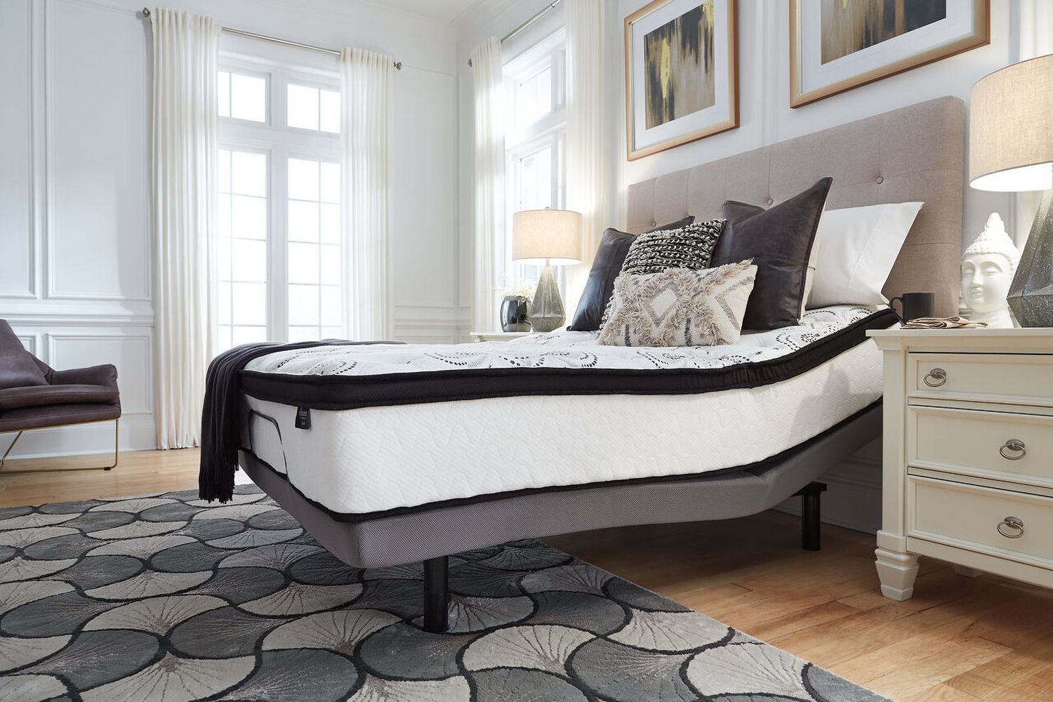 Contemporary Beige Queen Upholstered Panel Bed With Chime 12" Hybrid Ultra Plush Bed In A Box Mattress B130581M91X32M69731
