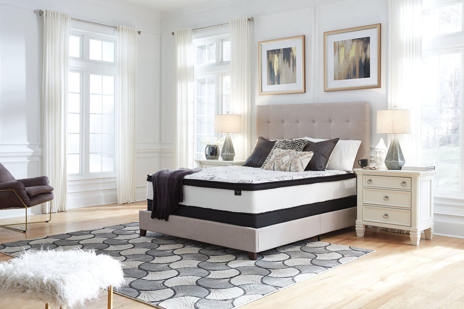 Contemporary Beige Queen Upholstered Panel Bed With Chime 12" Hybrid Ultra Plush Bed In A Box Mattress B130581M91X32M69731