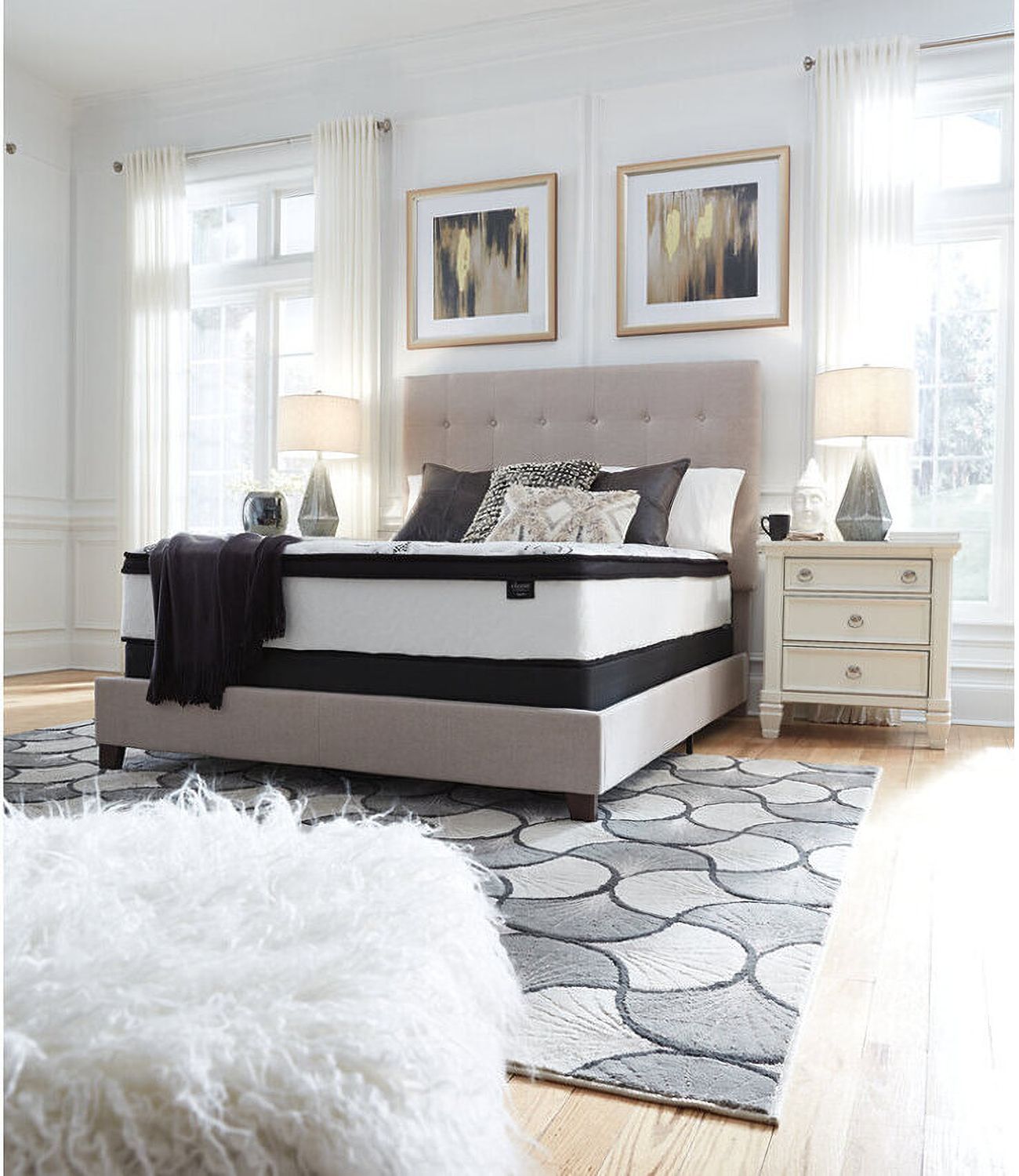 Contemporary Beige Queen Upholstered Panel Bed With Chime 12" Hybrid Ultra Plush Bed In A Box Mattress B130581M91X32M69731