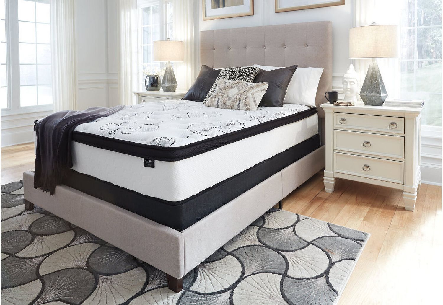 Contemporary Beige Queen Upholstered Panel Bed With Chime 12" Hybrid Ultra Plush Bed In A Box Mattress B130581M91X32M69731