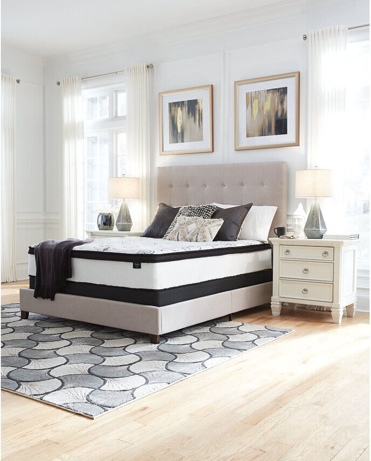 Contemporary Beige Queen Upholstered Panel Bed With Chime 12" Hybrid Ultra Plush Bed In A Box Mattress B130581M91X32M69731