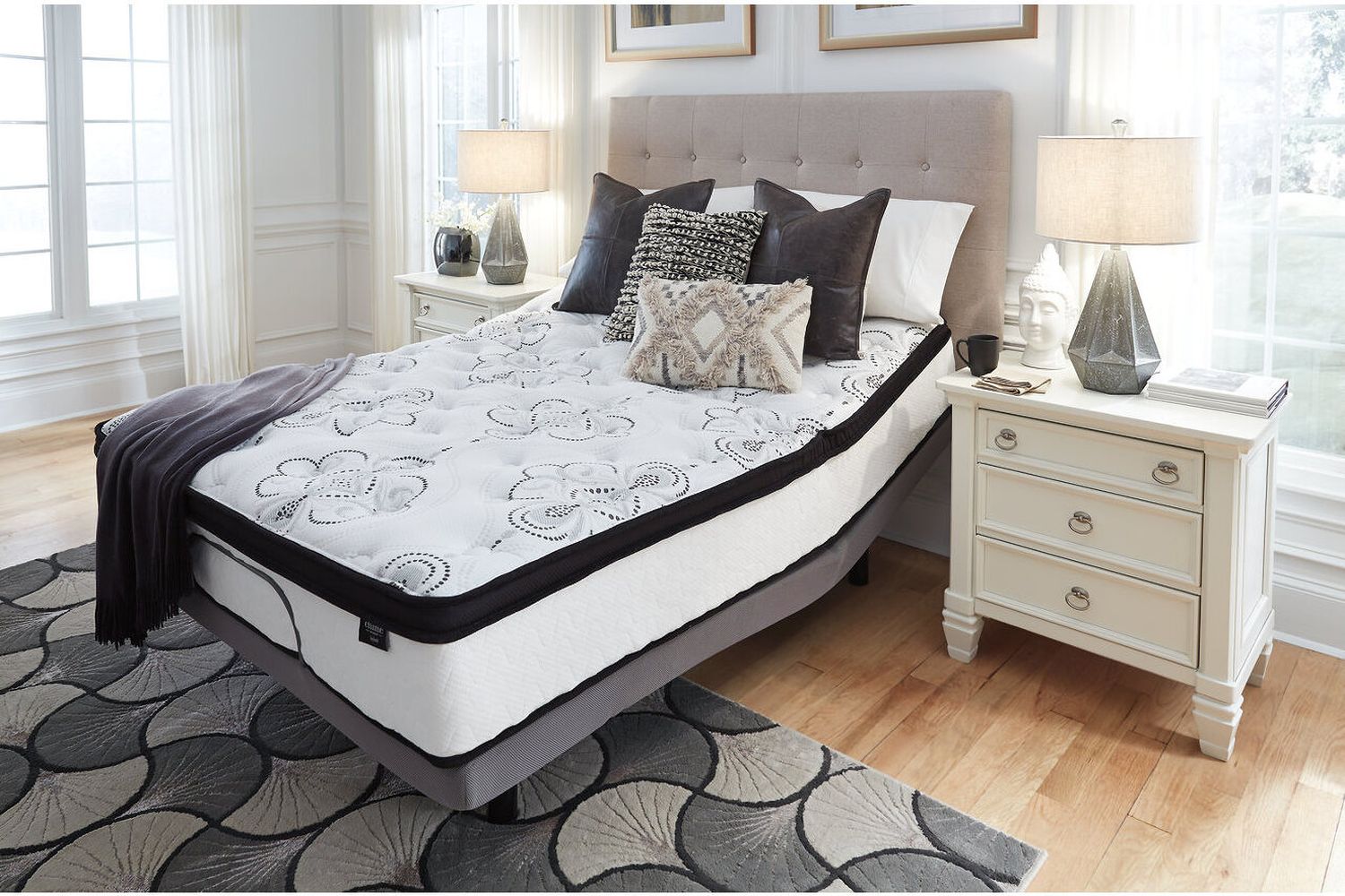 Contemporary Beige Queen Upholstered Panel Bed With Chime 12" Hybrid Ultra Plush Bed In A Box Mattress B130581M91X32M69731