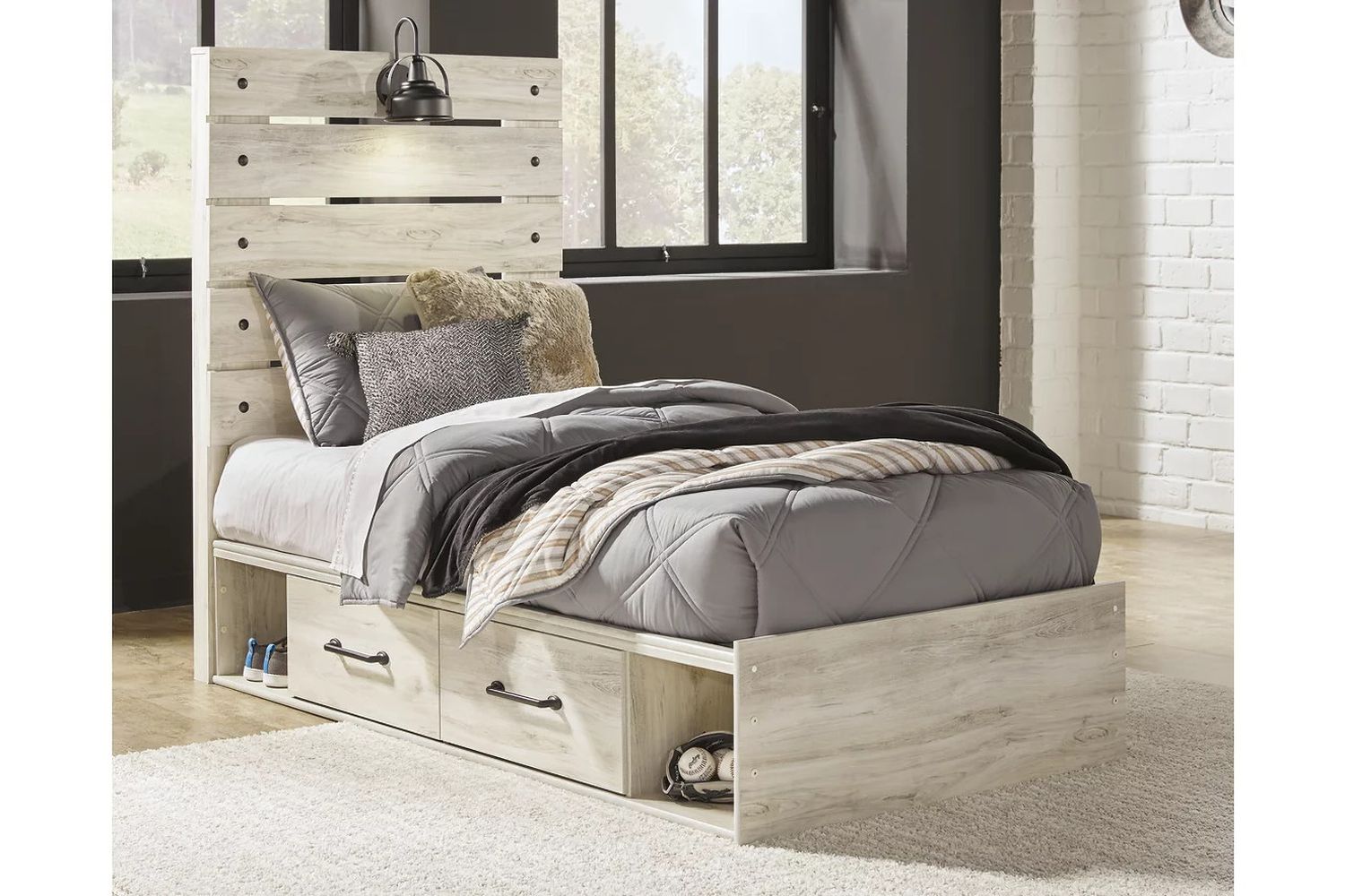 Cambeck Whitewash Twin Panel Bed with One Side Storage B192B13