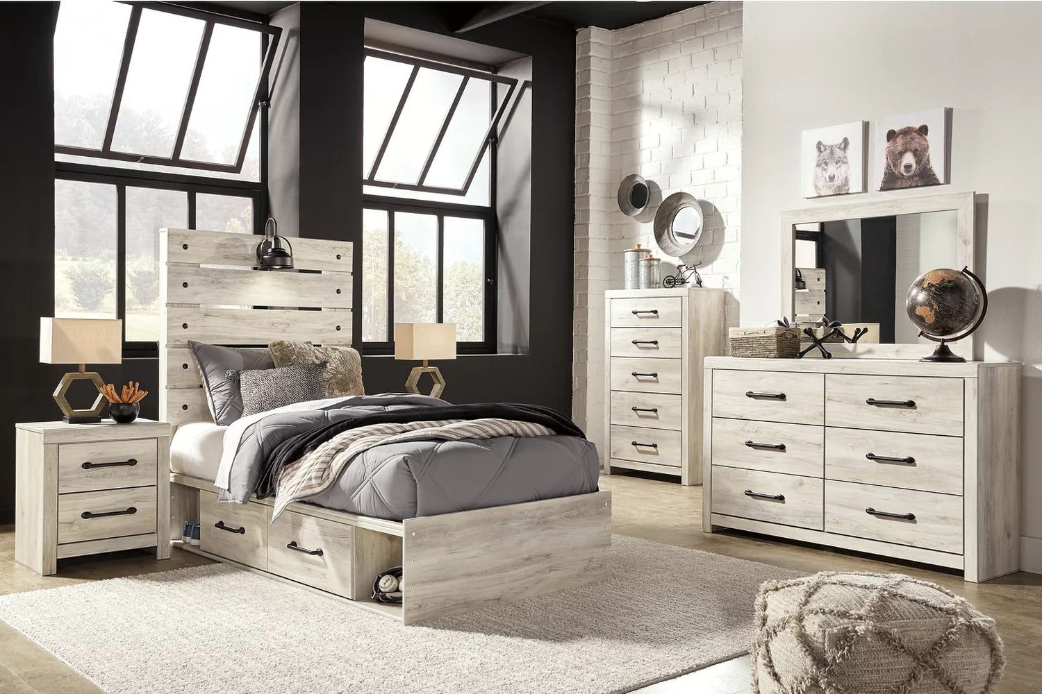 Cambeck Whitewash Twin Panel Bed with One Side Storage B192B13