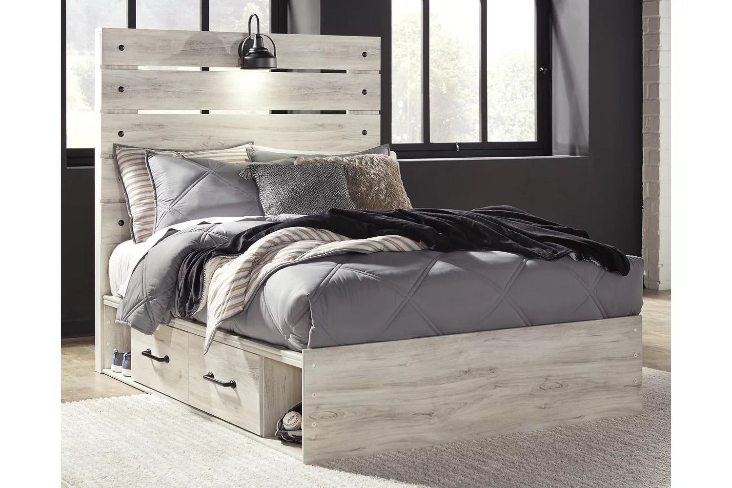 Cambeck Whitewash Full Panel Bed with One Side Storage B192B16
