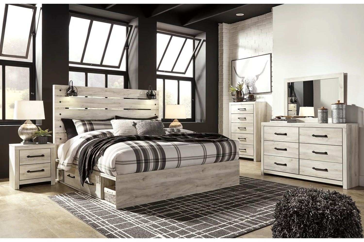 Cambeck Whitewash King Panel Bed with One Side Storage B192B19