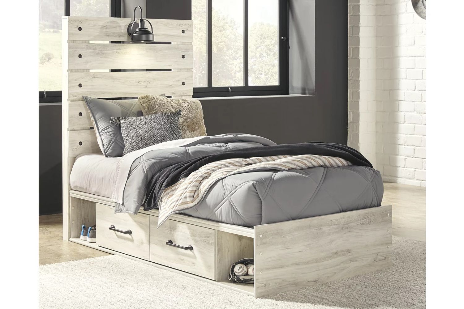 Cambeck Whitewash Twin Panel Bed with Two Underbed Storage B192B21